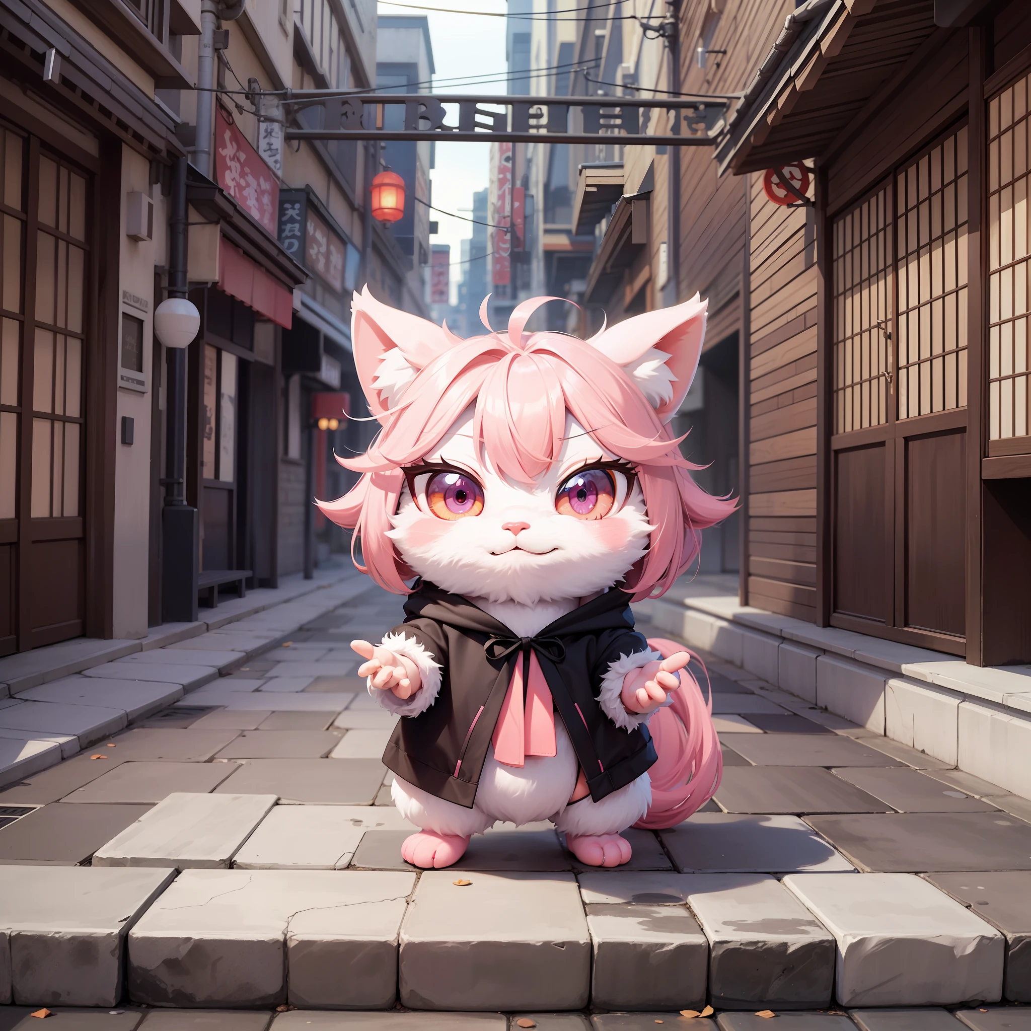 Pink eyes have loincloths Monster cartoon character, Japan mascot 3d model, VRCHAT, furry friendly monster, full body mascot, drawn as 3d render, gugimon, Japan mascot, (((Luke Chueh))), furry character, very detailed of the whole body, anthropomorphic character, chic, Toon Rendering Stubby Bokko Wearing a Black Hoodie --auto --s2