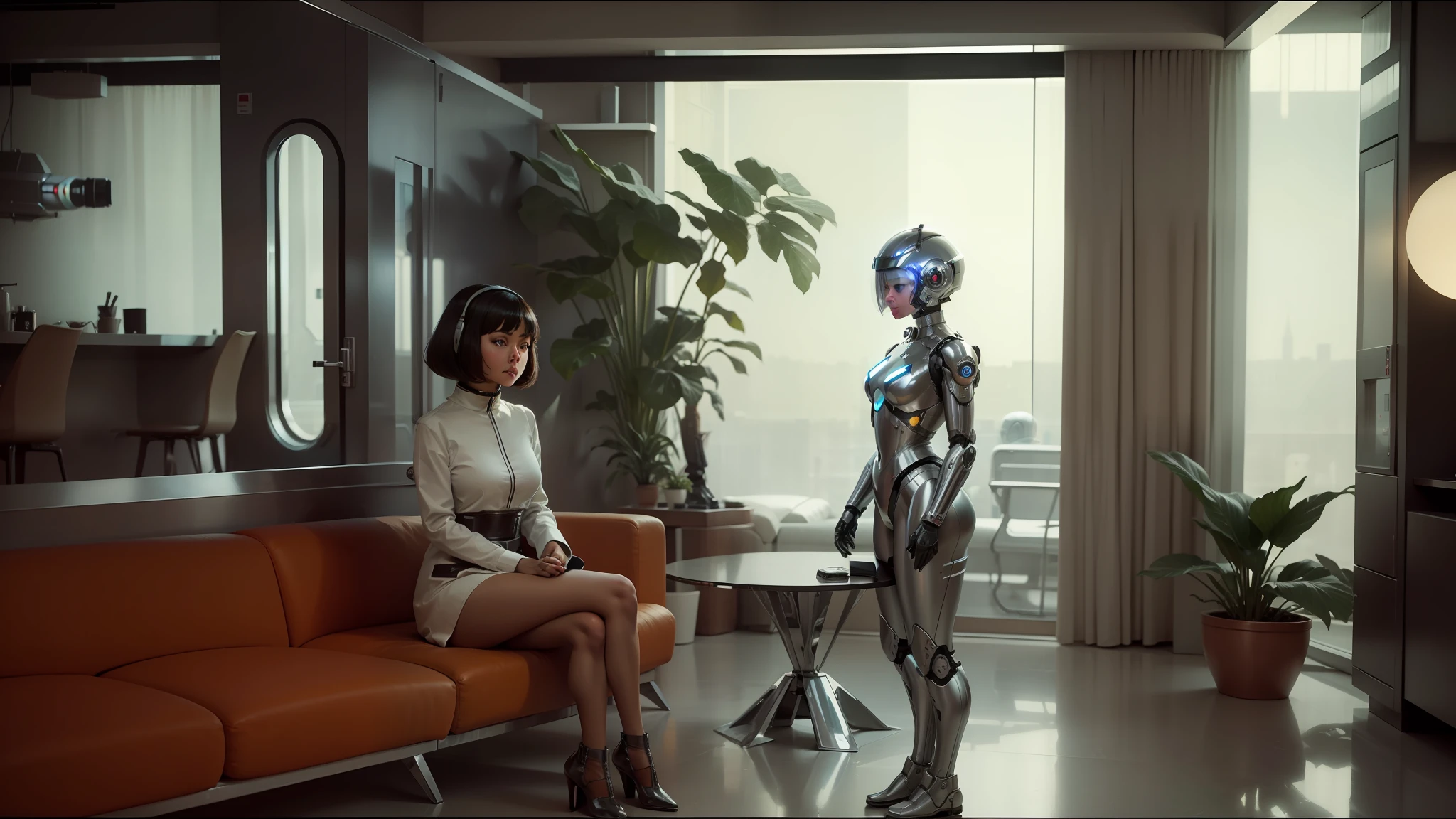 there is a woman sitting on a couch next to a robot, retro futuristic apartment, tsukasa dokite, for 1 9 7 0 s'sci - fi, oled, inspired by Robert McGinnis, chrome bob haircut, still from the movie, ffffound, cinemascope panorama, musk ( 2 0 2 4 ), 2045, view is centered on the robot --auto --s2