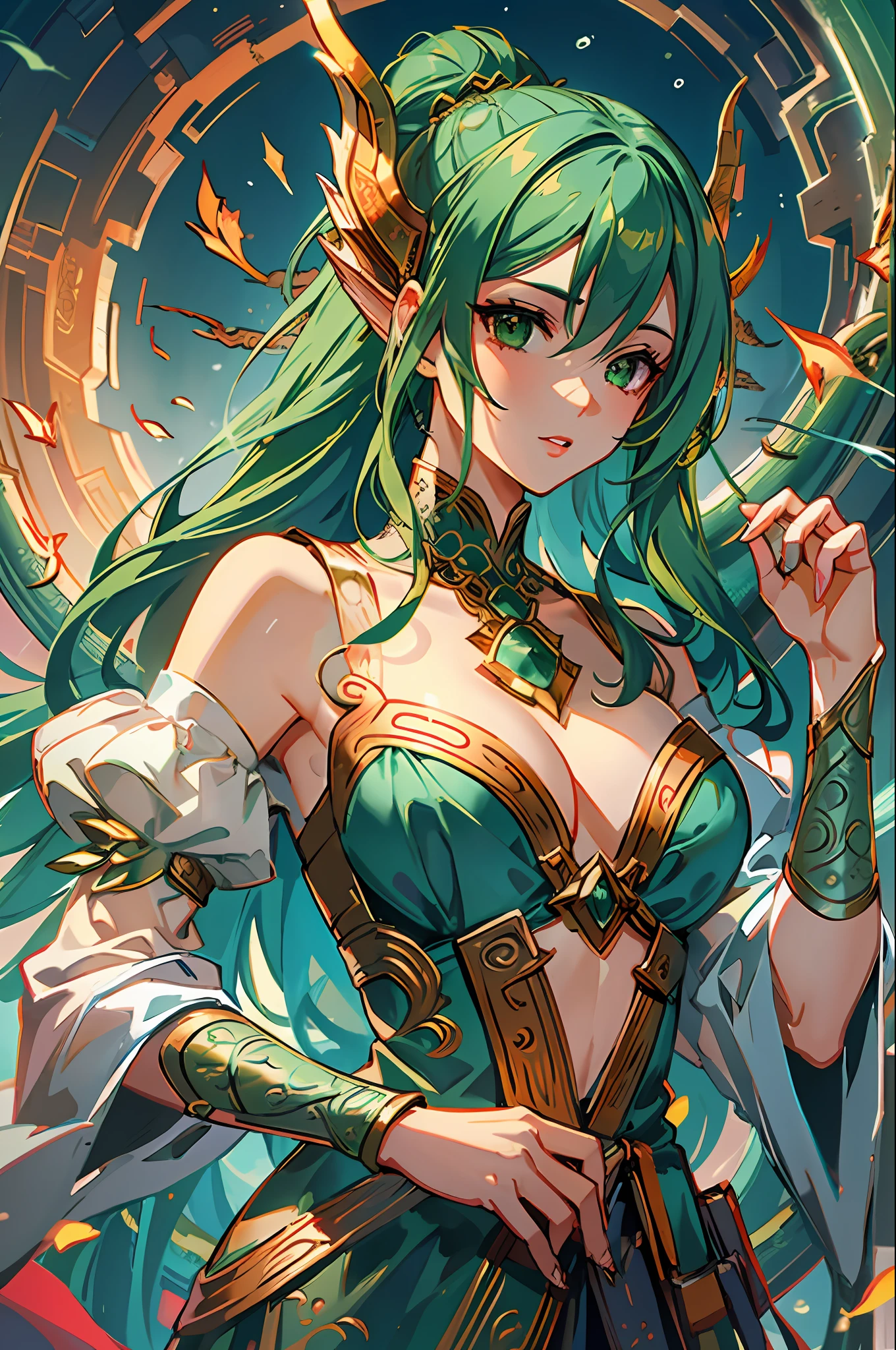 high detailed, ultra-detailed; A majestic dragon lady with green hair., 1dragon lady, ((green hair)), flying, (dragon scales), powerful aura, mythical creature, Prompt: ((masterpiece)), high detailed, ultra-detailed; A majestic dragon lady with green hair. 1dragon lady, ((green hair)), flying, (dragon scales), powerful aura, mythical creature, ((masterpiece)), ((best quality)), 8k, ((best quality)), 8k