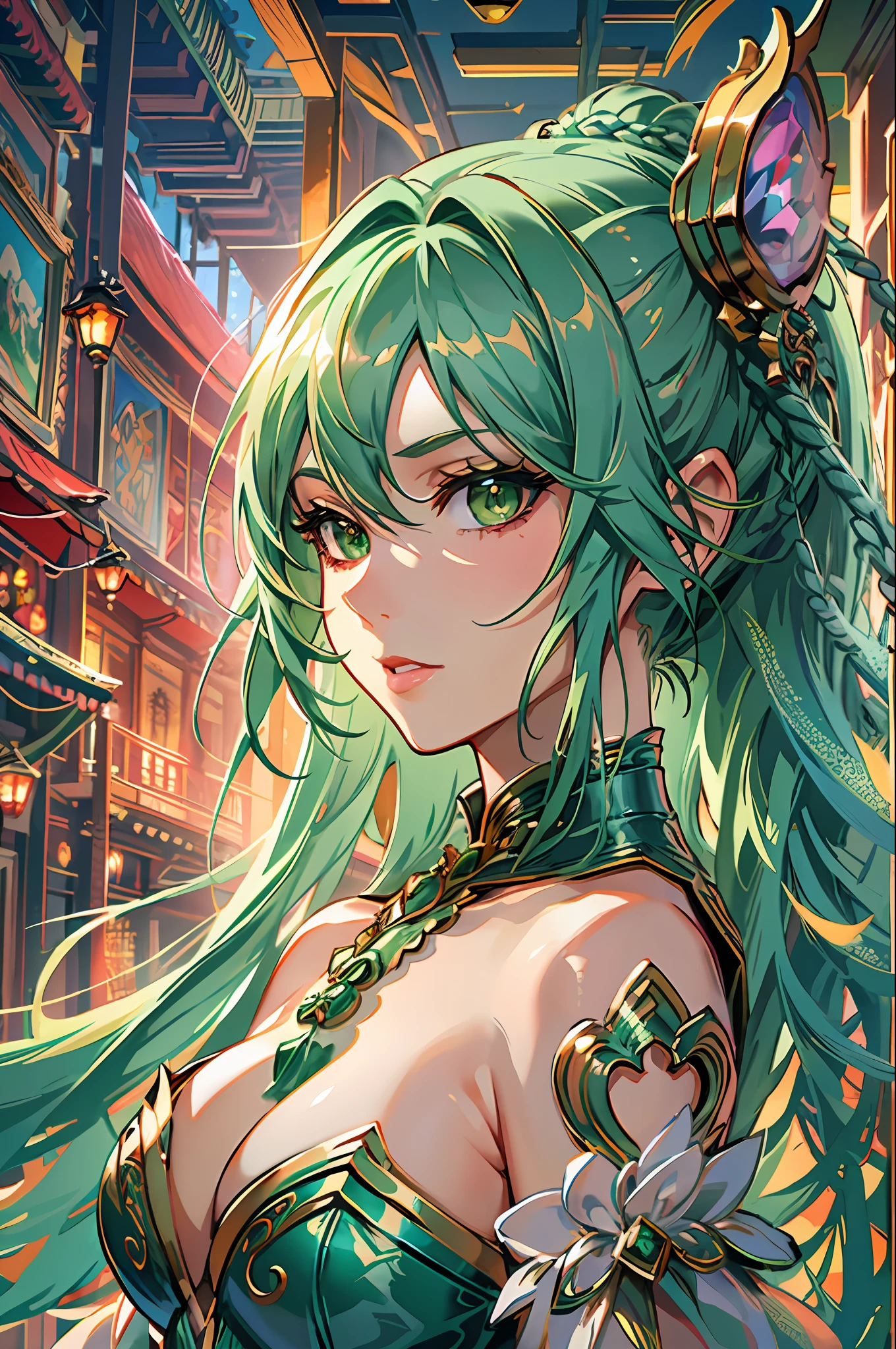 high detailed, ultra-detailed; A majestic dragon lady with green hair., 1dragon lady, ((green hair)), flying, (dragon scales), powerful aura, mythical creature, Prompt: ((masterpiece)), high detailed, ultra-detailed; A majestic dragon lady with green hair. 1dragon lady, ((green hair)), flying, (dragon scales), powerful aura, mythical creature, ((masterpiece)), ((best quality)), 8k, ((best quality)), 8k