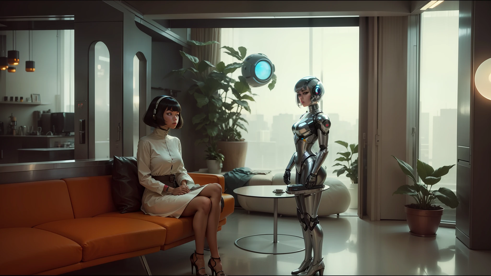 there is a woman sitting on a couch next to a robot, retro futuristic apartment, tsukasa dokite, for 1 9 7 0 s'sci - fi, oled, inspired by Robert McGinnis, chrome bob haircut, still from the movie, ffffound, cinemascope panorama, musk ( 2 0 2 4 ), 2045, view is centered on the robot --auto --s2