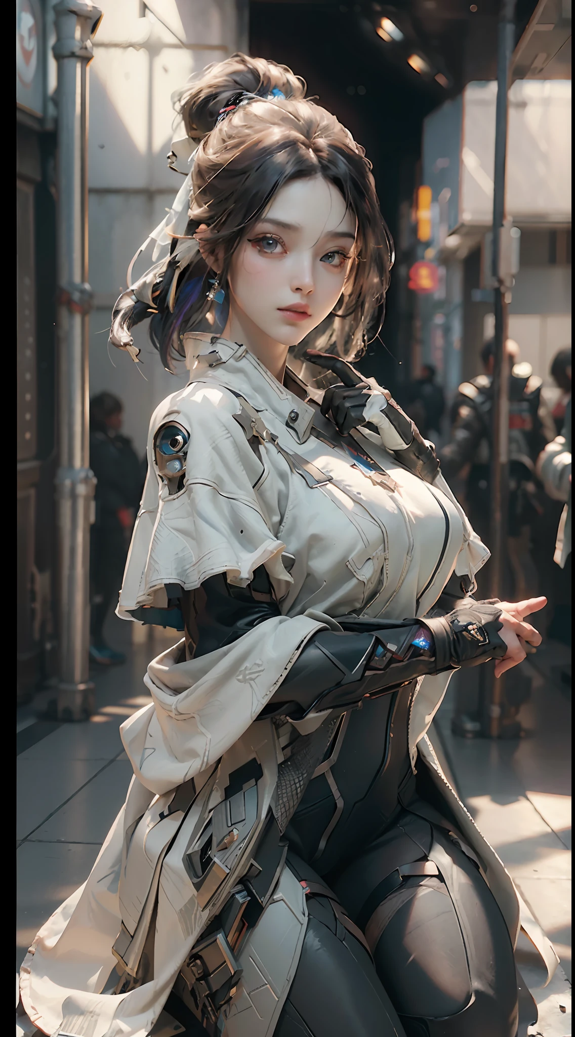 ((Best quality)), ((masterpiece)), (detailed:1.4), 3D, an image of a beautiful cyberpunk female,HDR (High Dynamic Range),Ray Tracing,NVIDIA RTX,Super-Resolution,Unreal 5,Subsurface scattering,PBR Texturing,Post-processing,Anisotropic Filtering,Depth-of-field,Maximum clarity and sharpness,Multi-layered textures,Albedo and Specular maps,Surface shading,Accurate simulation of light-material interaction,Perfect proportions,Octane Render,Two-tone lighting,Wide aperture,Low ISO,White balance,Rule of thirds,8K RAW,