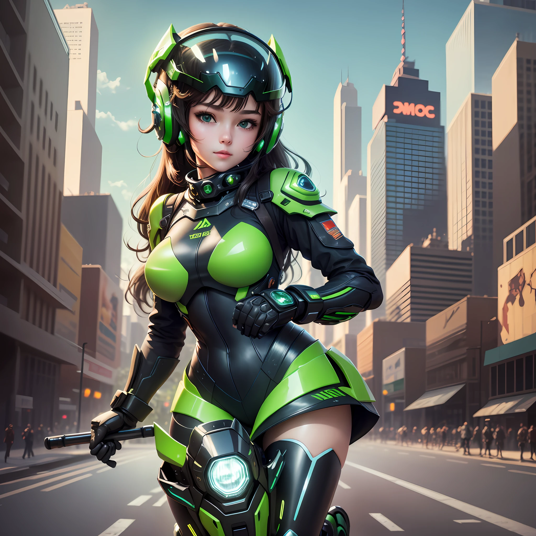 Highest image quality, outstanding details, ultra-high resolution, (realism: 1.4), the best illustration, favor details, highly condensed 1girl, with a delicate and beautiful face, dressed in a black and green mecha, wearing a mecha helmet, holding a directional controller, riding on a motorcycle, the background is a high-tech lighting scene of the future city.