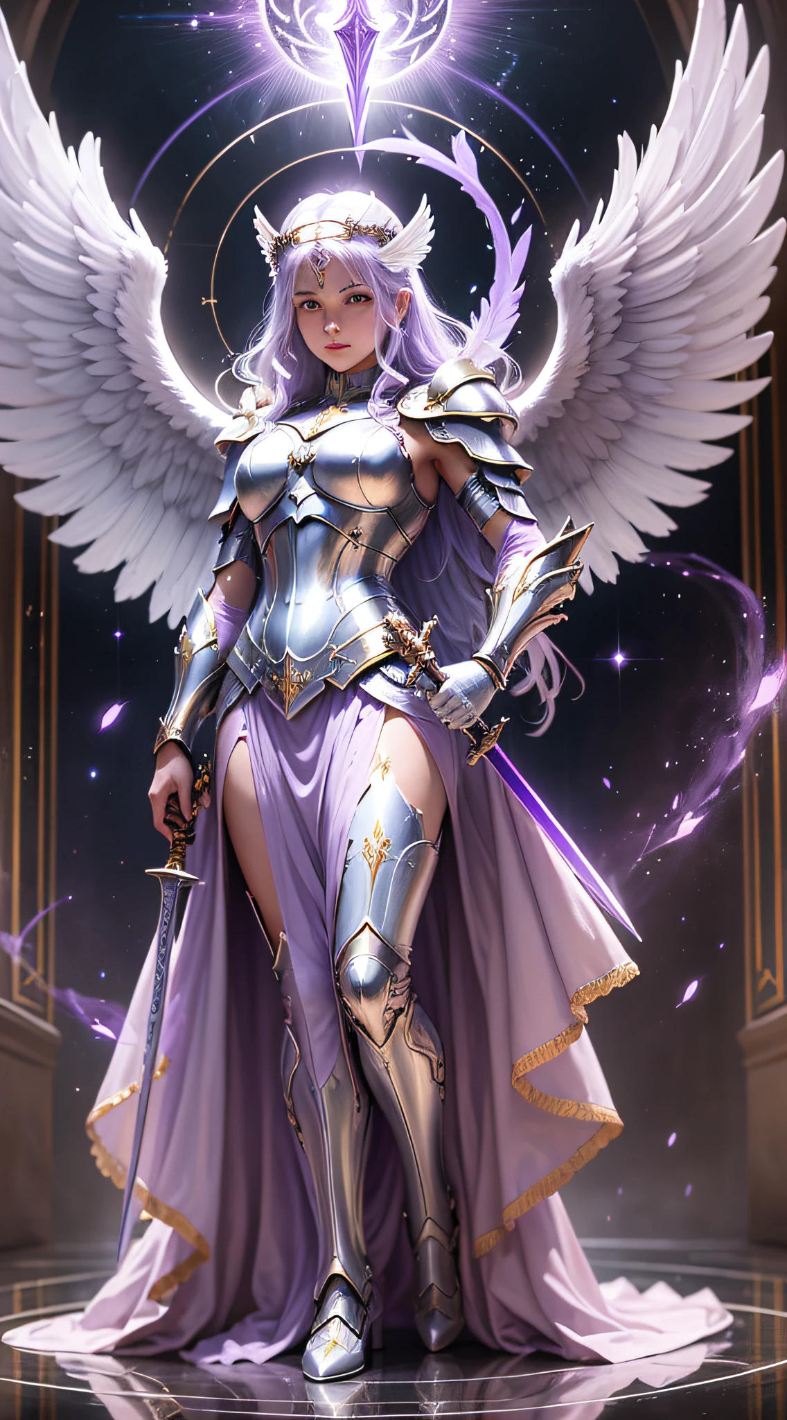 an angel with a sword and wings standing in front of a purple light, archangel, angel in plastic armor, archangel michael, full - body majestic angel, super wide angel, glowing angelic being, epic angel wings, high angel distant shot, an angel of the dawn light, angelical, angelic, angel spirit guide, holy paladin, wide angel --auto --s2