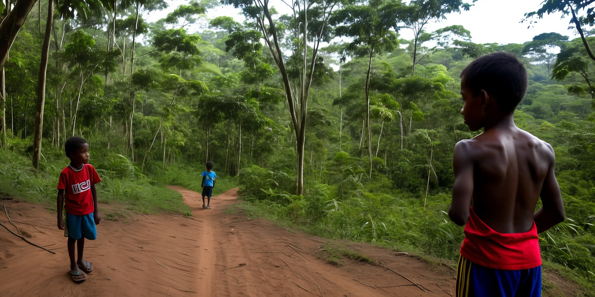 An indigenous boy watching through the trees of the forest curupira and saci talking.