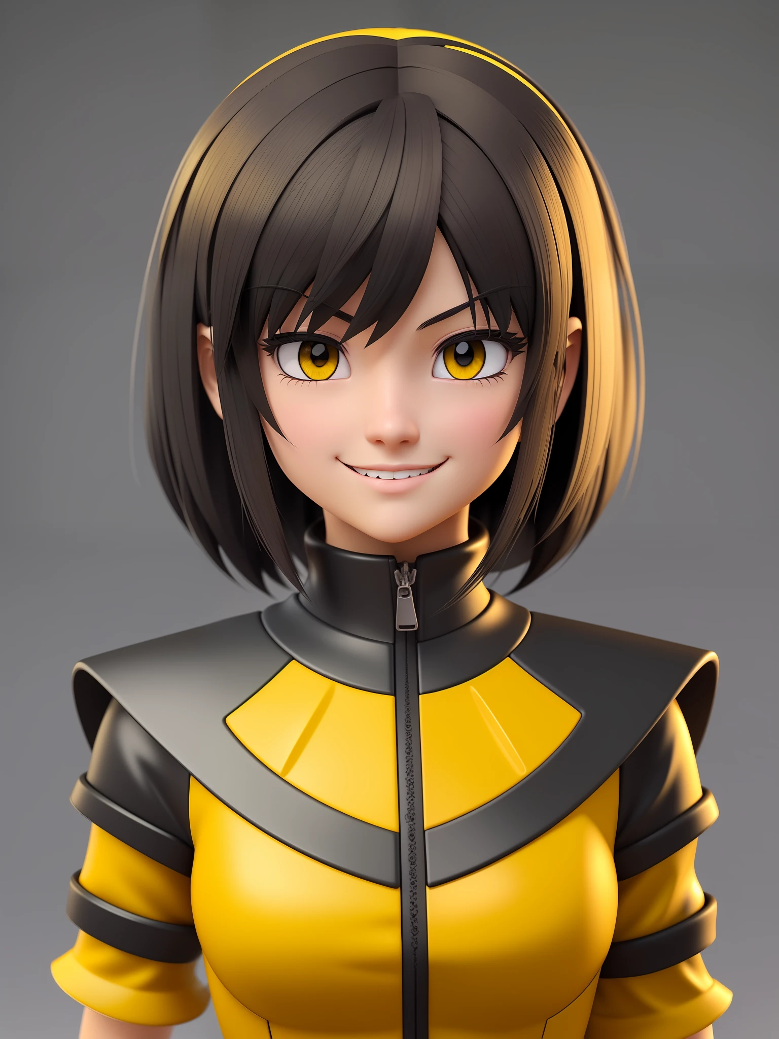 Young girl, a cartoon character dark yellow outfit, expression with ((melancholic smile)), (dark hair up to shoulder), yellow eyes, stylized character, animation character, stylized 3d render, 3d character, highly detailed character, stylized anime, stylized 3d, render character, character model, close up, maximum quality