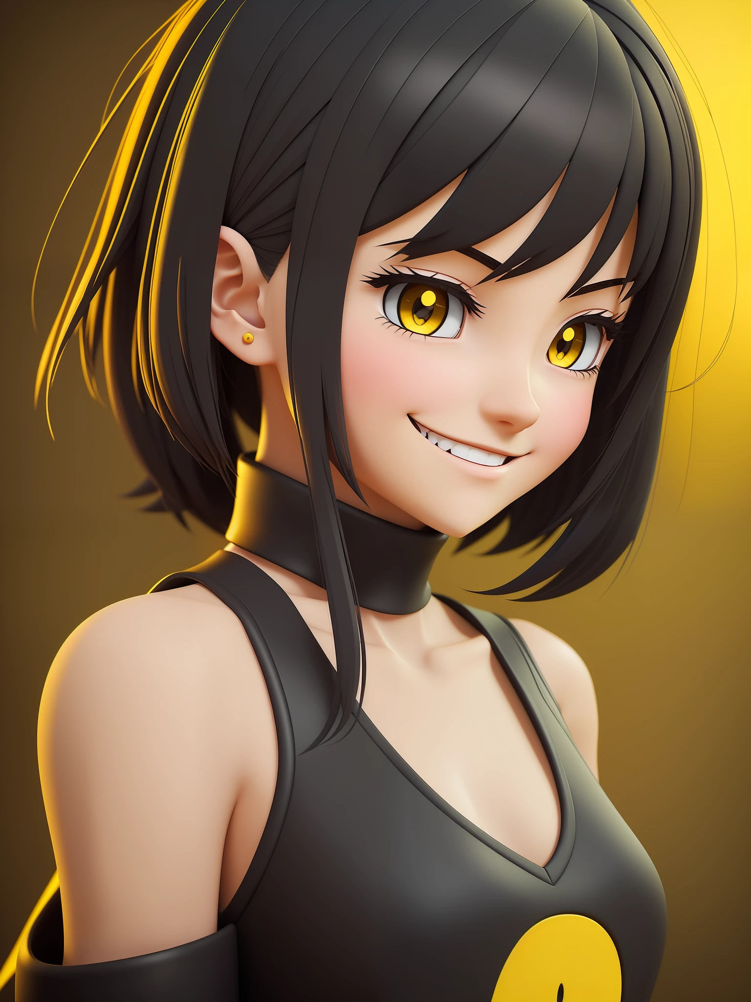 Young girl, a cartoon character dark yellow outfit, expression with ((melancholic smile)), (dark hair up to shoulder), yellow eyes, stylized character, animation character, stylized 3d render, 3d character, highly detailed character, stylized anime, stylized 3d, render character, character model, close up, maximum quality