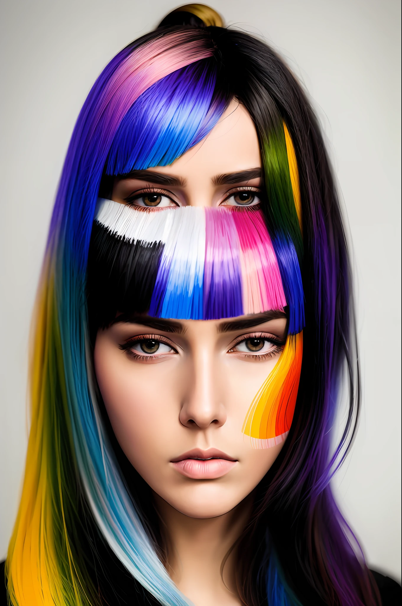 Abstract artwork that uses colorful overlapping shapes to create a portrait of a beautiful female. The look should be inspired by the unique painting styles found in cubism with an emphasis on texture and intricate detail including hand - drawn typefaces& organic flourishes around the eyes, cheeks& nose