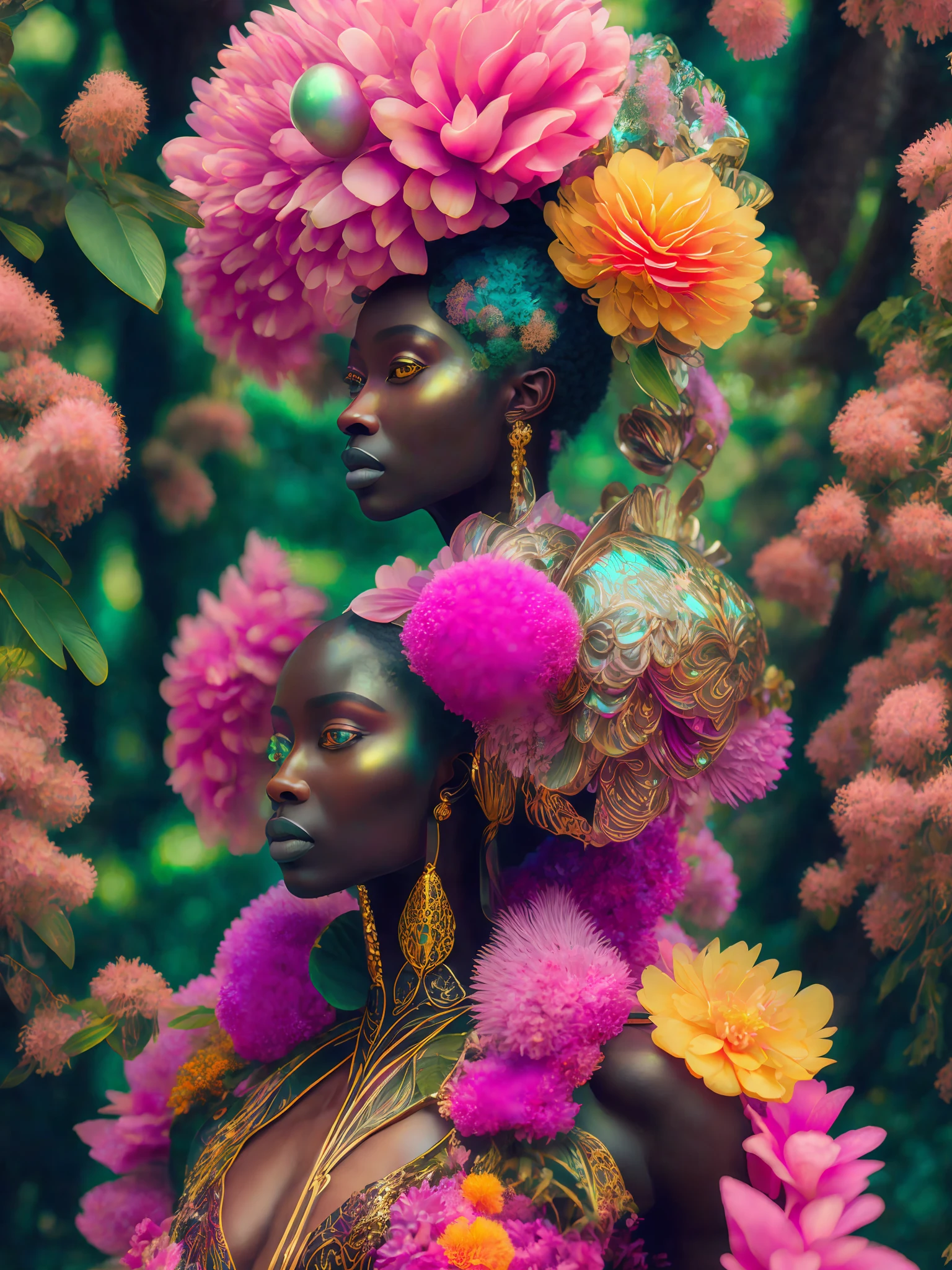 hyperrealistic neo - rococo cinematic super expressive! yoruba goddess with exoskeleton armor, merging with tree in a forest, pink yellow flowers, highly detailed digital art masterpiece, smooth cam de leon eric zener dramatic pearlescent soft teal light, ground angle hd 8 k, sharp focus
