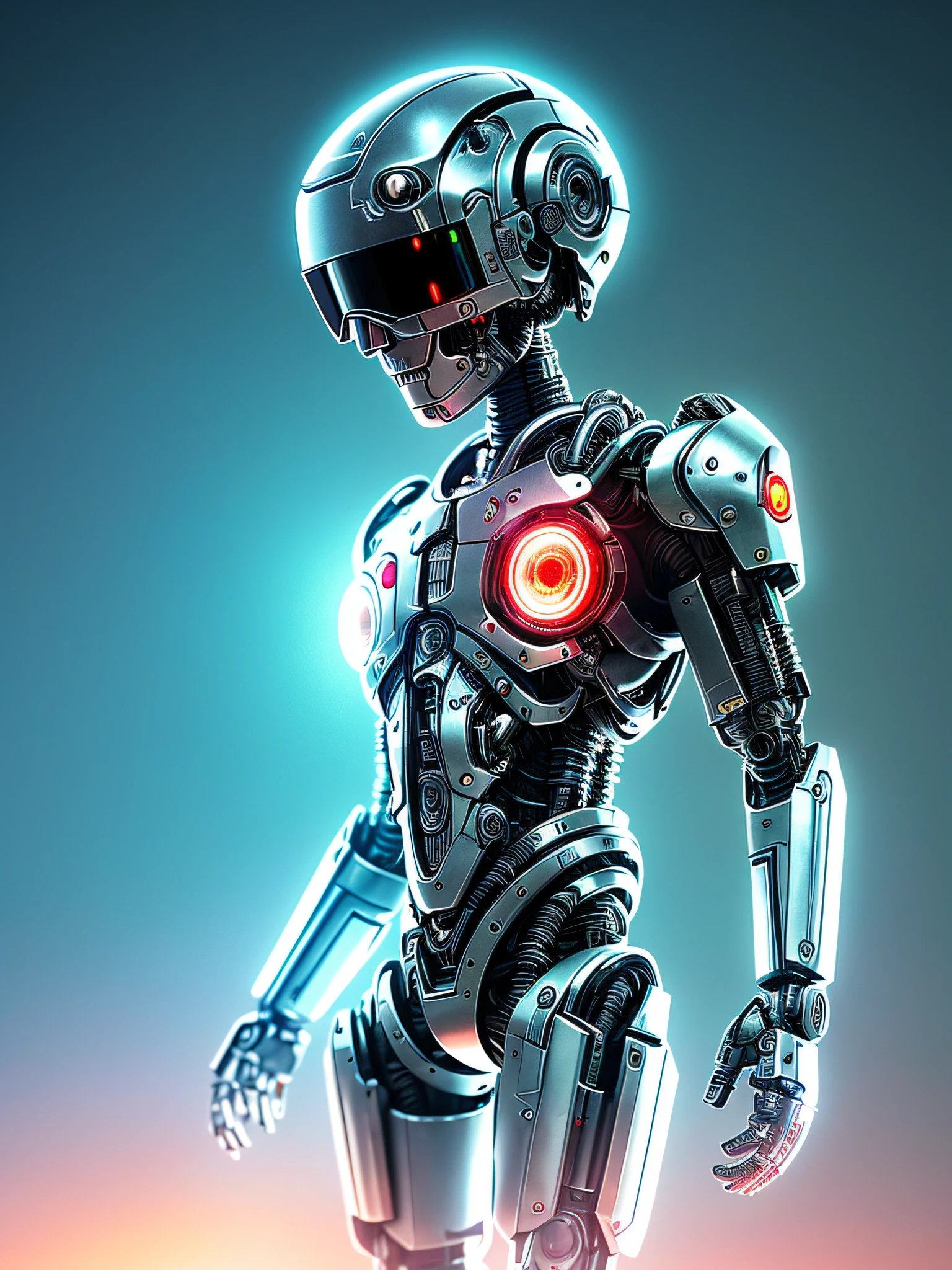 a cute [ robot: terminator: 0.1] made of metal, cyborg, bright, reflective, ((intricate details)), hdr, ((hyperdetailed)), white background, vignette