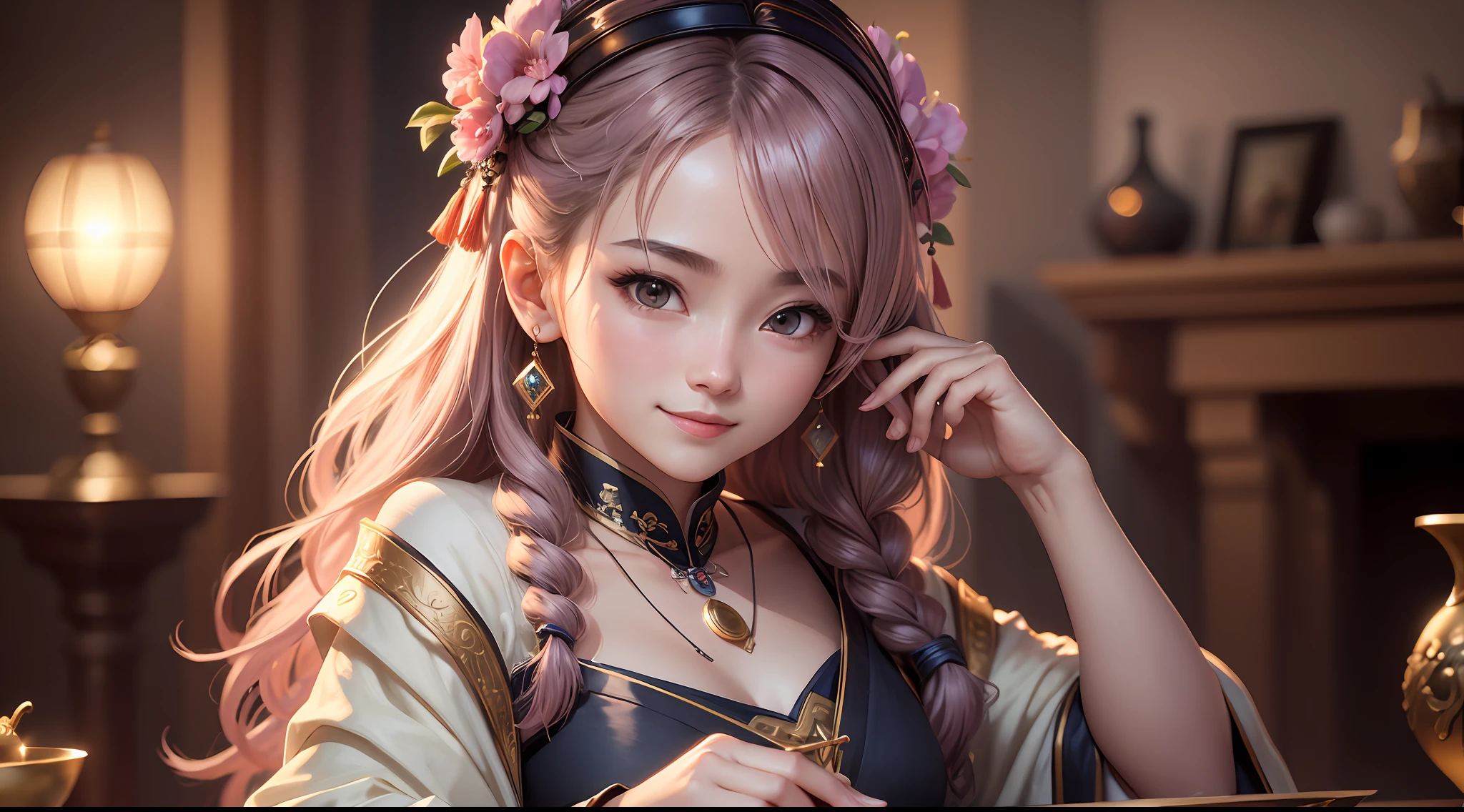 Best quality, masterpiece, high, 1 girl, blush, (seductive smile: 0.8), star pupil, chinese hanfu, hair ornaments, necklace, jewelry, pretty face, on the body, tyndall effect, photo realism, ancient city, edge lighting, two-tone lighting, (high detail skin: 1.2), 8k uhr, DSLR, soft lighting, high quality, volumetric lighting, real, photo, high resolution, 4k, 8k --auto --s2