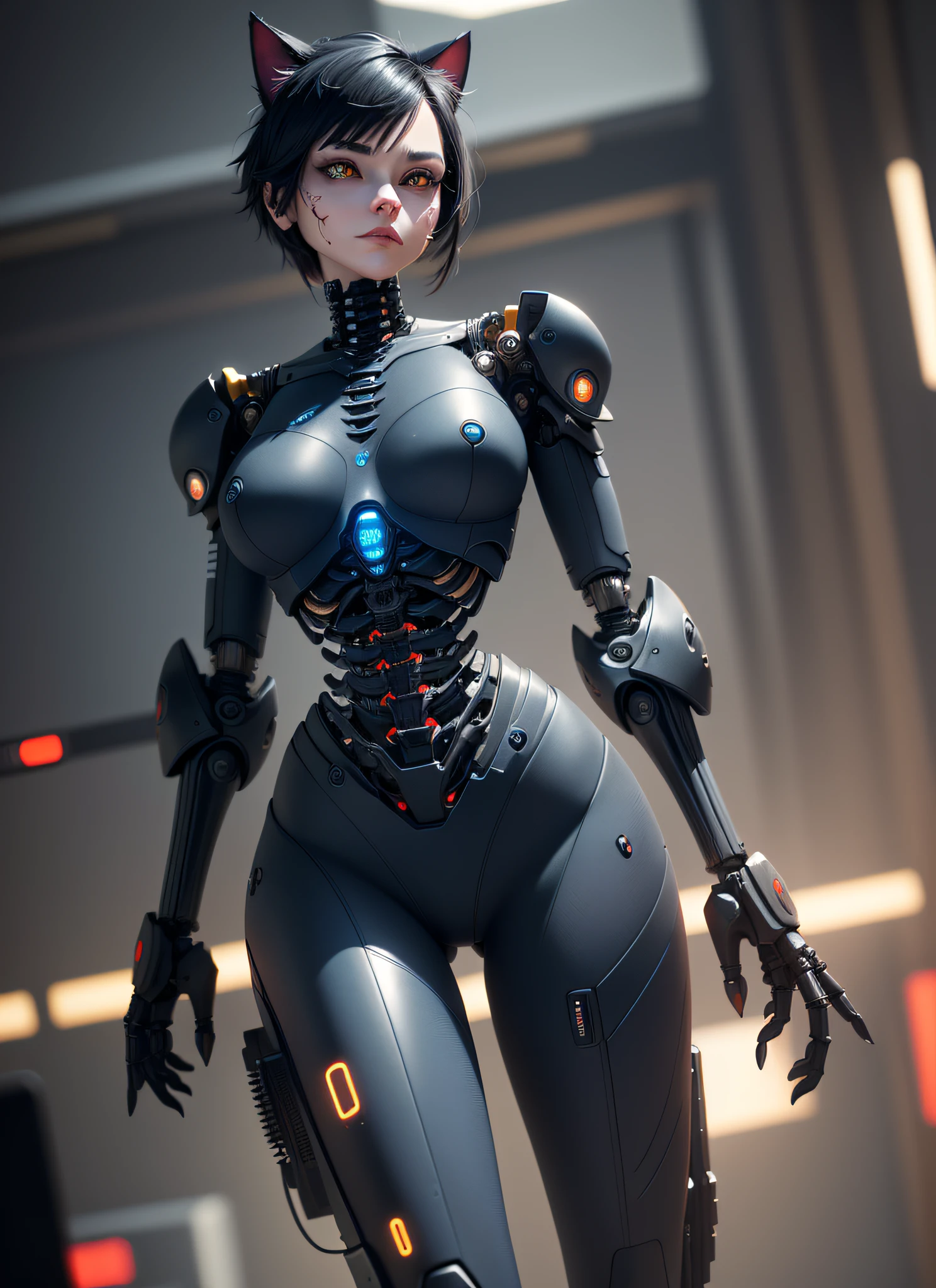 ((furry, cyborg anthropomorphic furry cat)), (best quality: 1.2)), (complex 3d render ultra detailed), (realistic eye details: 1.2), ((robotic parts with wires and circuits)), beautiful soft light, rim light, vibrant details, luxurious cyberpunk, hyperrealistic, anatomical, facial muscles, (electrical wires cable: 1.2), microchip, elegant, beautiful background, octane render, APPLE style, best quality, masterpiece, illustration, extremely delicate and beautiful, CG, unit, wallpaper, (realistic, photo-realistic: 1.2), amazing, fine details, masterpiece, best quality, official art, extremely detailed CG, incredibly absurd, sexy robot, (mechanical cat skeleton, android), surrealism, doomsday, (high-tech prosthetics: 1.2), short black hair, perfect body, (((intricate dark blue blood vessels)), cyberpunk neon red plate background, pov, blurry foreground, close-up, Masterpiece, Super Detail, Best Quality