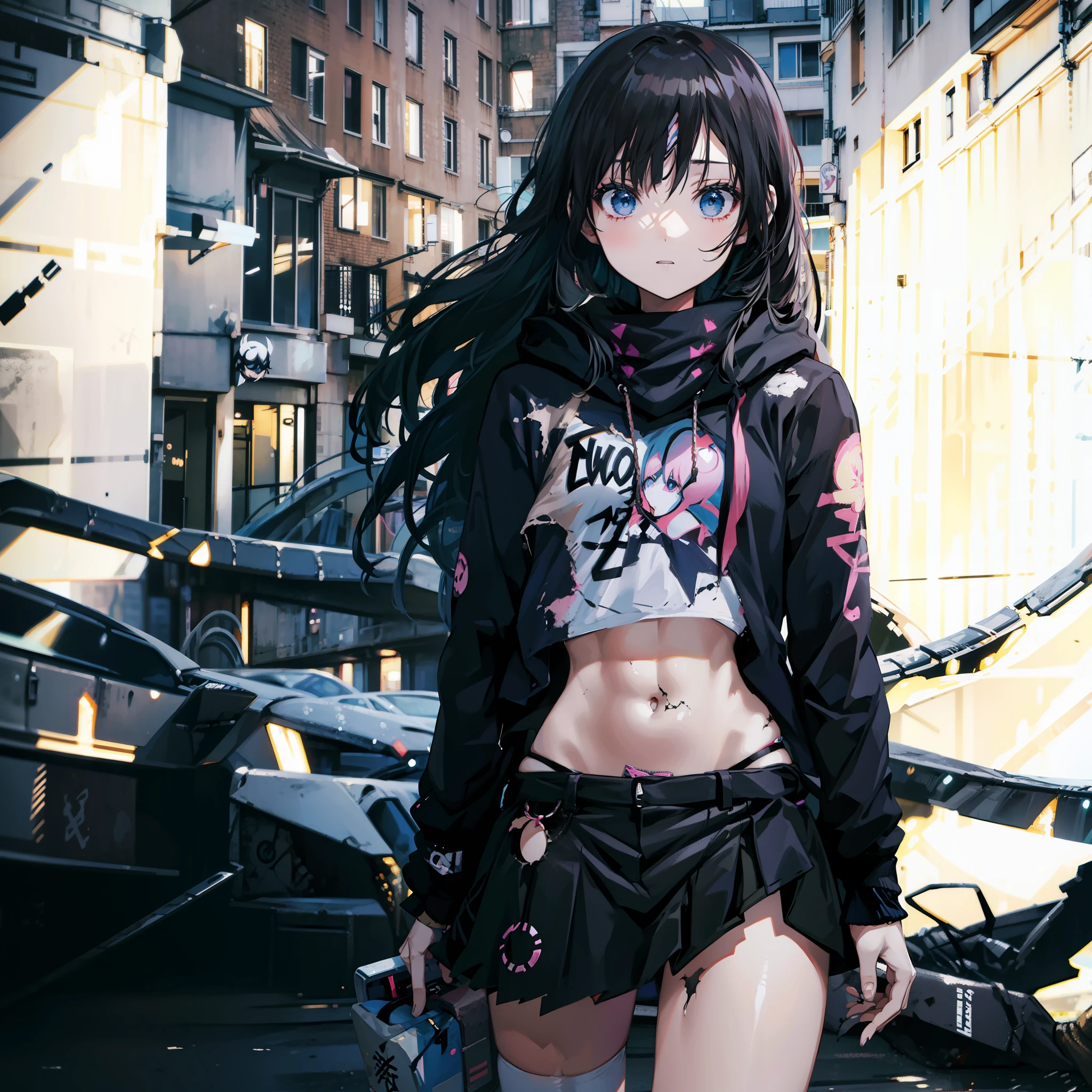anime girl, worst clothes,night, punk girl, long hair, broken clothes