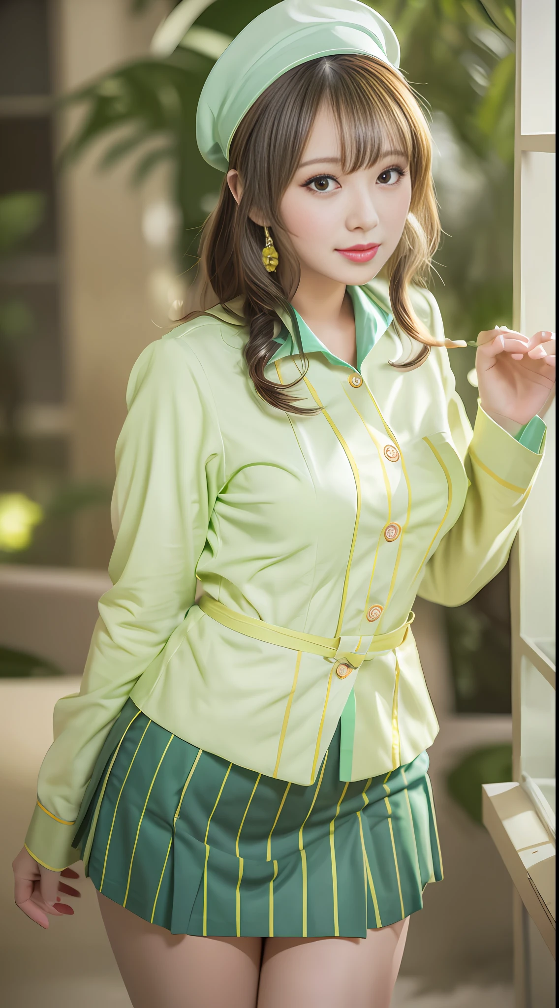 The painting style is soft, childish and cute, rich in ancient style, flowing and moving, full of flesh, girly heart, sweet and lovely, flight attendant uniform, simple atmosphere, loose and comfortable, yellow-green gradient tone, bright and soft lighting. The figure is fat