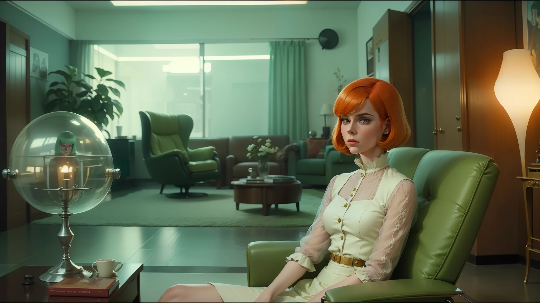 there is a woman sitting in a chair in a living room, retrofuturistic depressing, looks a bit similar to amy adams, film screenshot, mod green bob wig, golden computers, style of marcin blaszczak, jenny seville, 60s, still frame from a movie, greg hildebrant, peacock, utopia, by Erwin Bowien --auto --s2