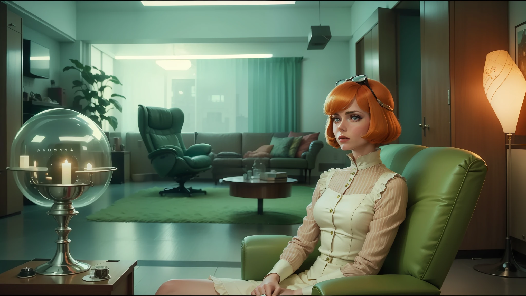 there is a woman sitting in a chair in a living room, retrofuturistic depressing, looks a bit similar to amy adams, film screenshot, mod green bob wig, golden computers, style of marcin blaszczak, jenny seville, 60s, still frame from a movie, greg hildebrant, peacock, utopia, by Erwin Bowien --auto --s2