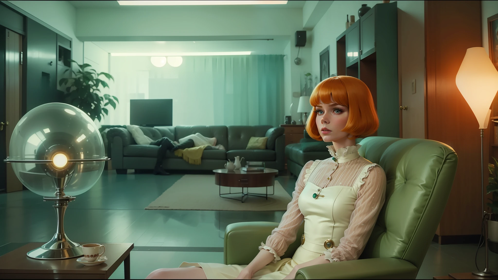 there is a woman sitting in a chair in a living room, retrofuturistic depressing, looks a bit similar to amy adams, film screenshot, mod green bob wig, golden computers, style of marcin blaszczak, jenny seville, 60s, still frame from a movie, greg hildebrant, peacock, utopia, by Erwin Bowien --auto --s2