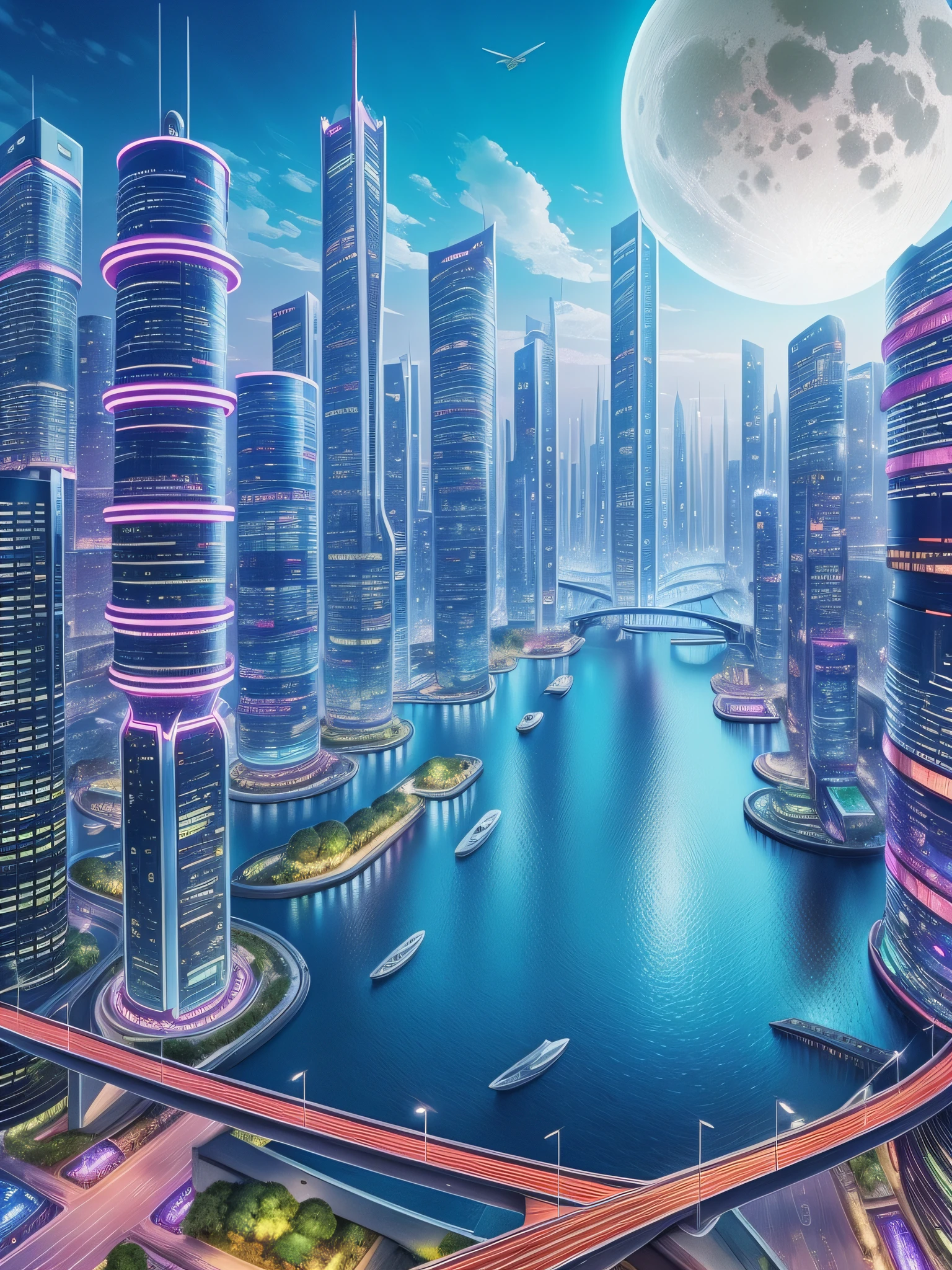 futuristic city, fantasy, 24th century, Japan, sea