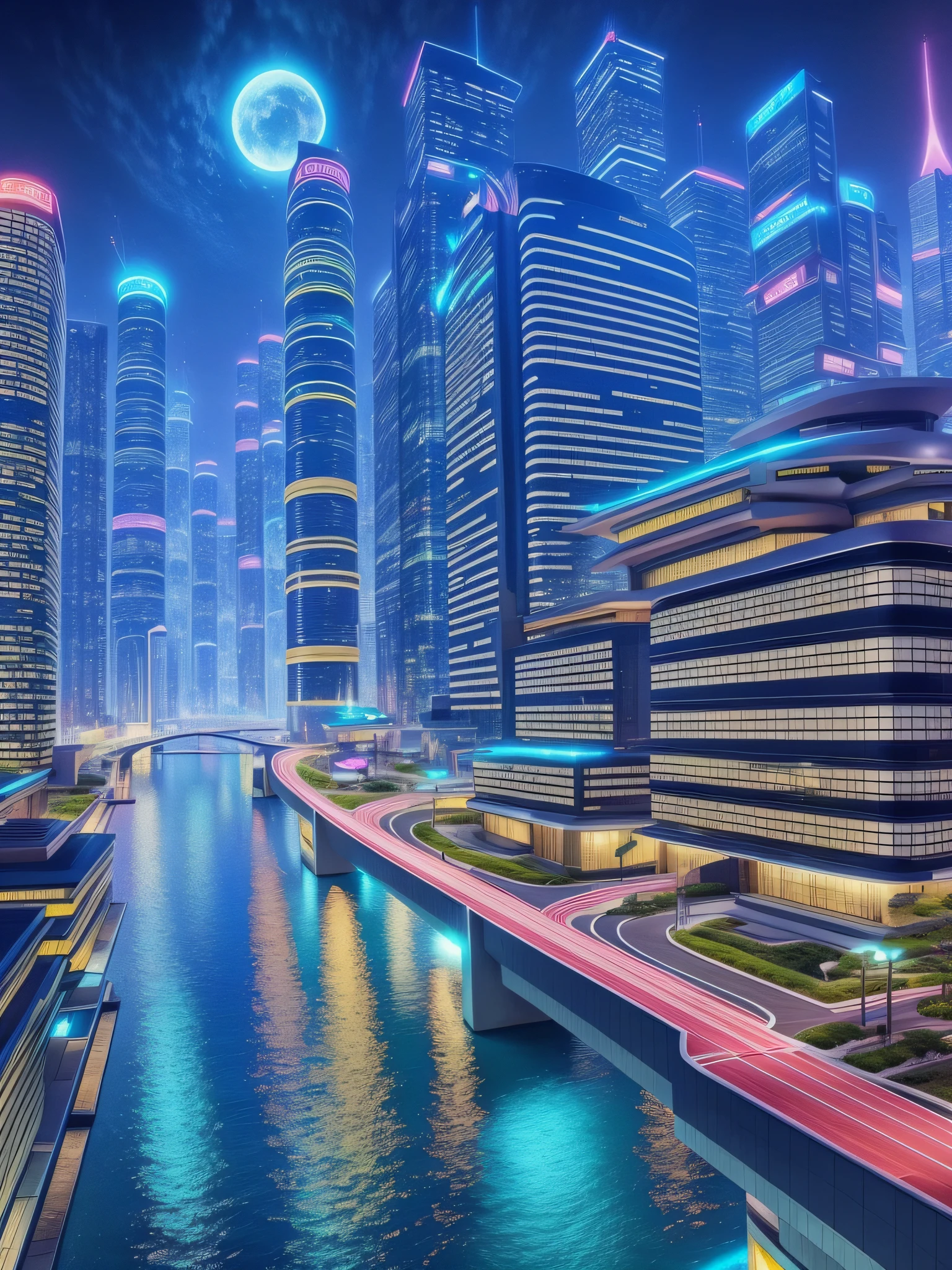 futuristic city, fantasy, 24th century, Japan, sea