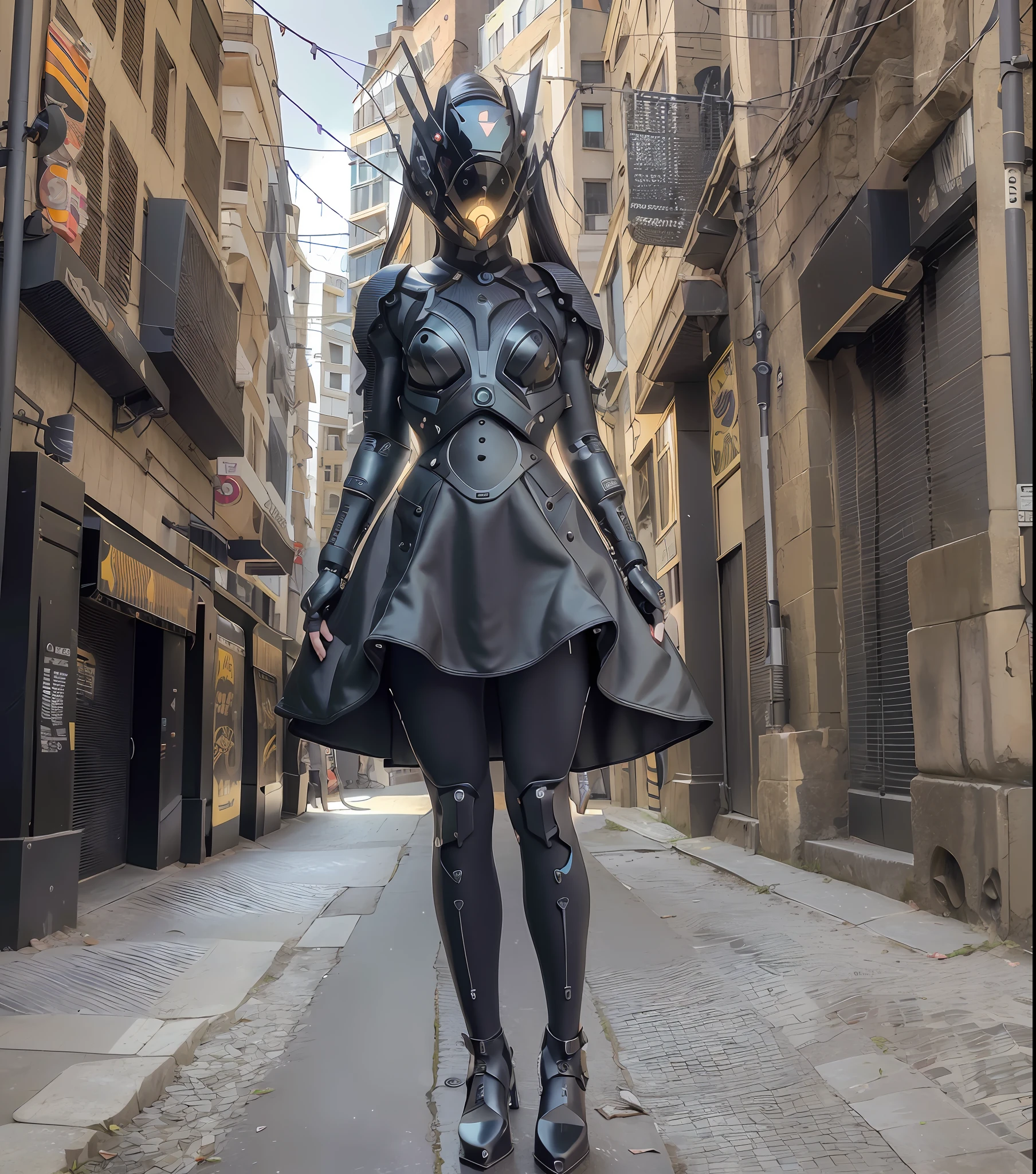 Original, masterpiece, high quality, cyborg woman full body,in a black circle illuminates the cybernetic helmet with black ears, short black dress, sunny day, on the street roma
