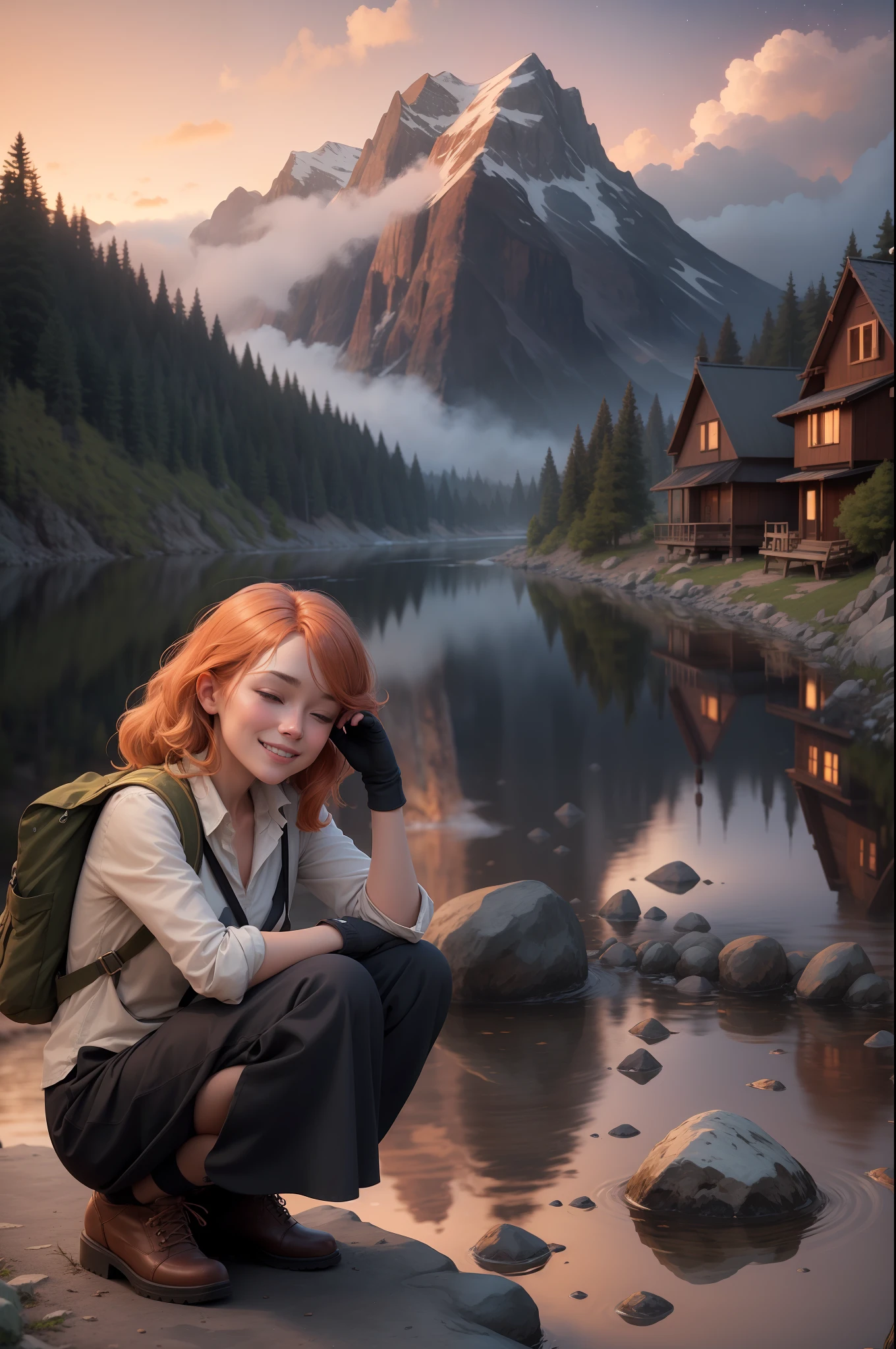 1 woman, hair with different colors, skirt, blouse of cold ((full body, squatting, smiling, happy)), masterpiece, best quality, perfect eyes, perfect hands, perfect legs, ultradetailed, solo, outdoor, (sunset), mountains, nature, (stars, cloud) cheerful, happy, backpack, sleeping bag, camping stove, water bottle, tennis, gloves, flashlight, forest, stones, river, wood, smoke,  shadows, contrast, style , (warm hue, warm tone: 1.2), cinematic light, side lighting, ultra high resolution, best shade, RAW, wooden house, campfire, wind, particles