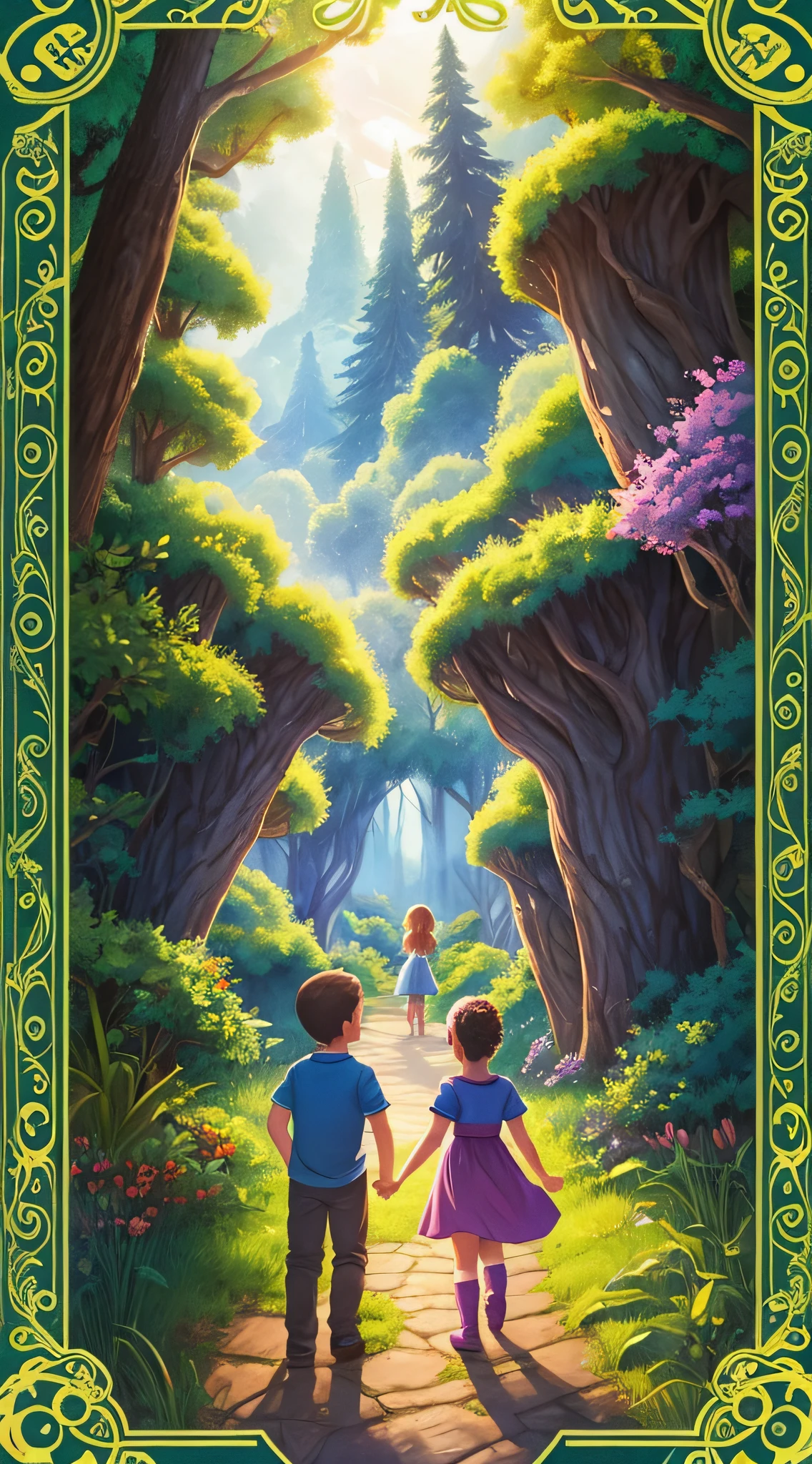 a painting of two children walking along a path in a forest, in a magical forest, fantasy novel cover for young adults, children's book cover, enchanted and magical forest, fantasy book cover painting, enchanted magical fantasy forest, novel cover art for a book, book cover illustration, cover illustration, in magic woods, fantasy book cover, An enchanted forest
