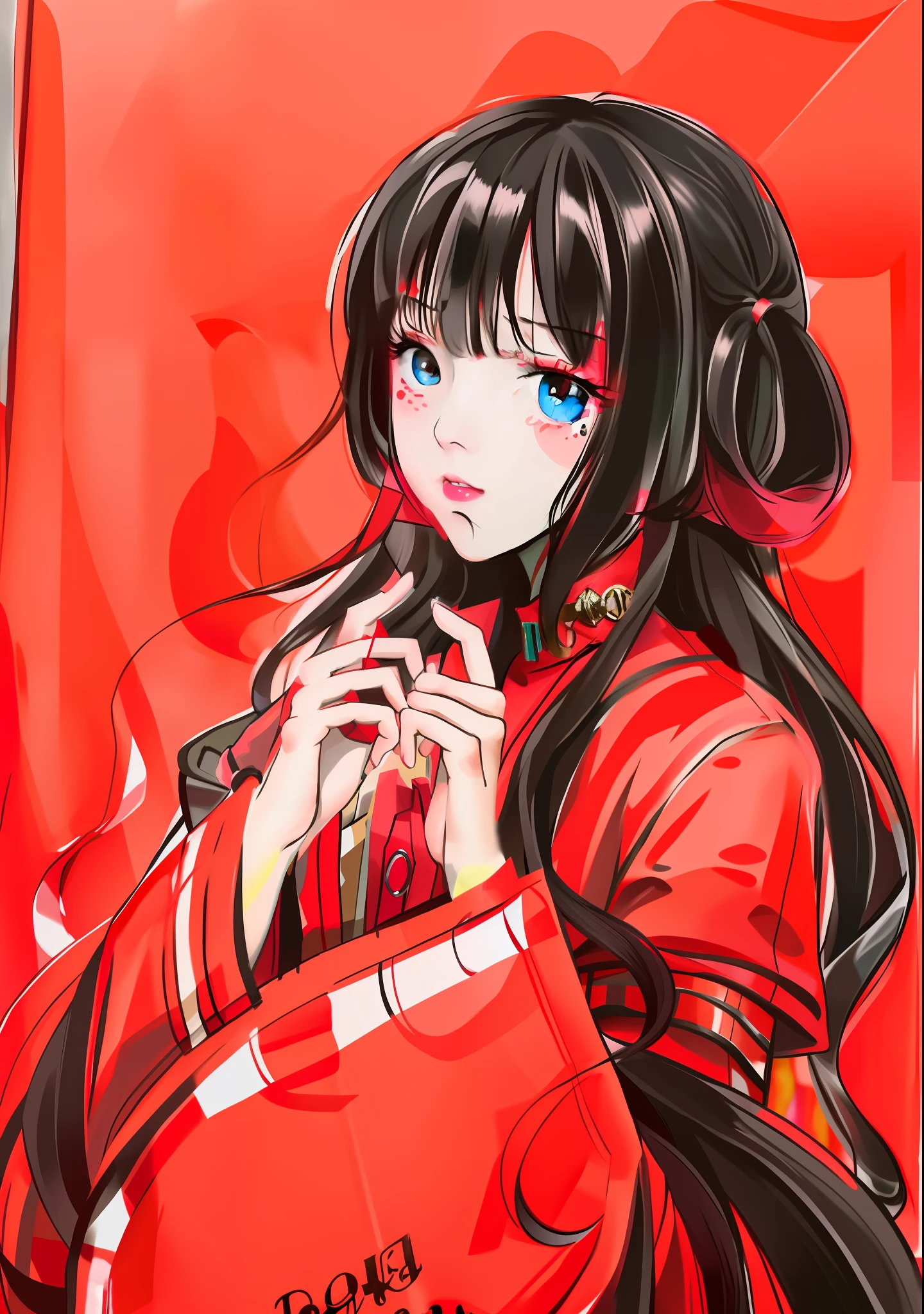 Girl with red envelope, black hair, red costume, blue eyes
