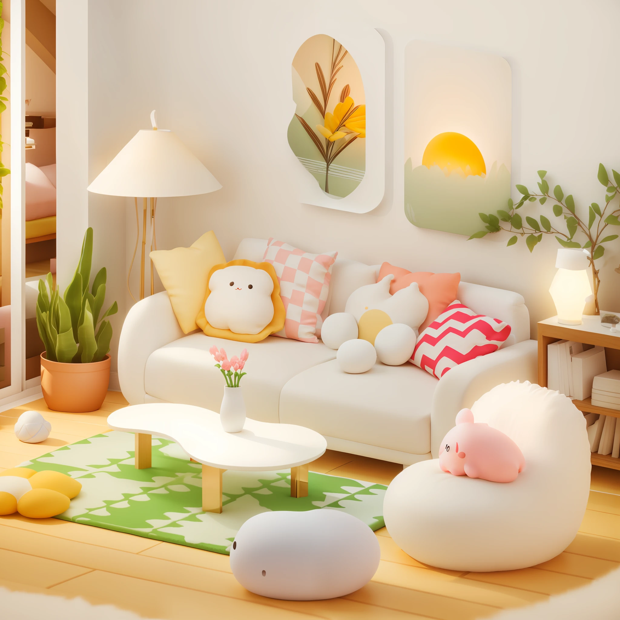 Living room with white sofa and pink rug, snails, chibi, cute 3d render, cozy house background, cozy living room background, soft 3d rendering, stylized 3d rendering, fully detailed rendering, animation style rendering, highly detailed scene, highly detailed rendering, Highly detailed rendering, detailed rendering, living room background