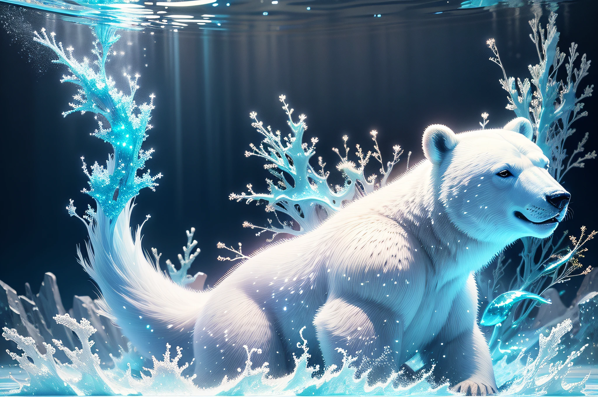 there is a polar bear that is swimming in the water, glitter background, shiny glitter crystals, blue liquid and snow, shiny background, glittering ice, underwater bubbles background, textured turquoise background, water background, sparkling crystals, glitter crystals, frosted texture, luminous sparkling crystals, blue particles, underwater glittering river, beautiful fractal ice background, cold texture, abstract background --auto --s2