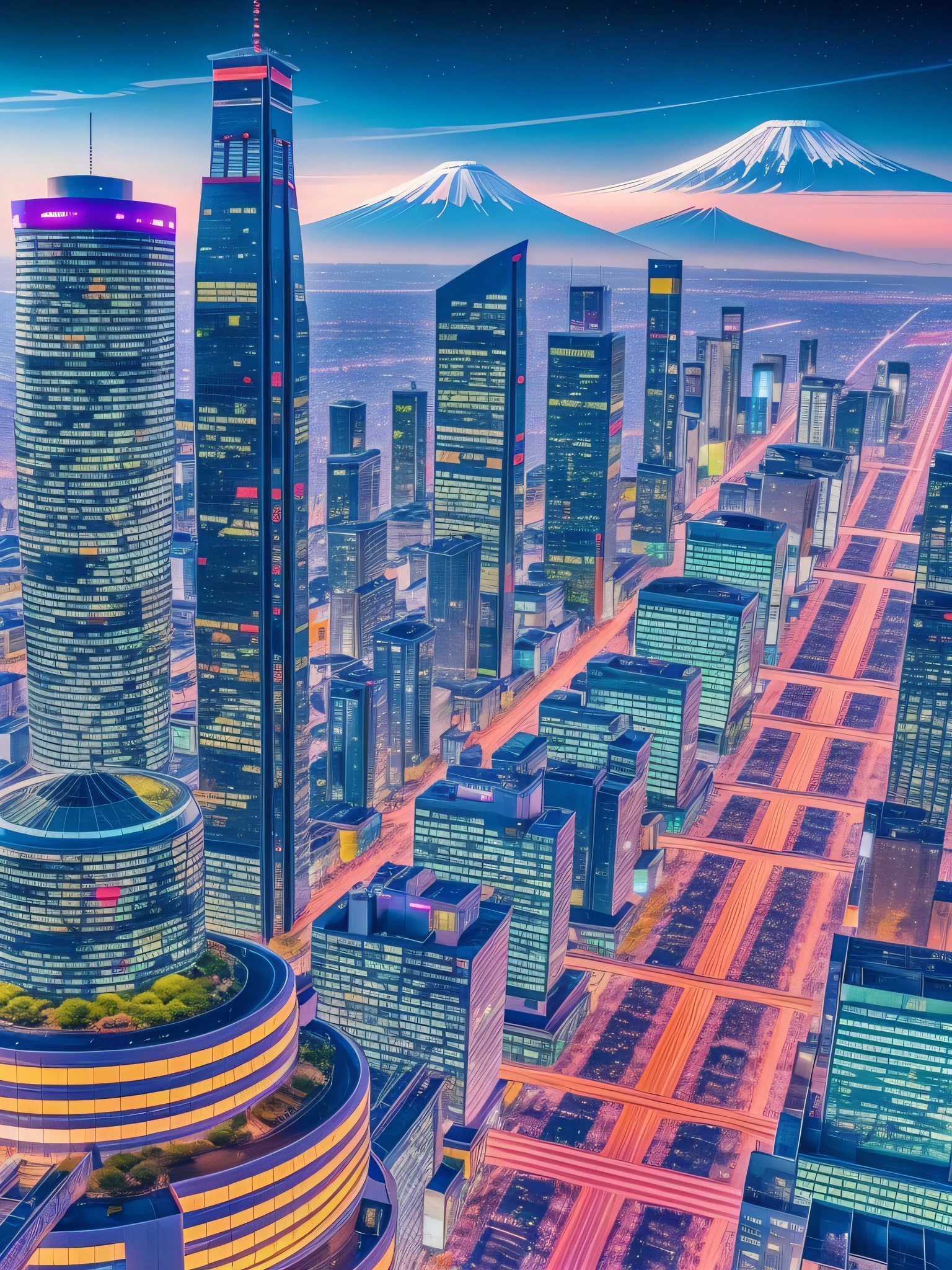 futuristic city, fantasy, 24th century, Japan, mt. Fuji