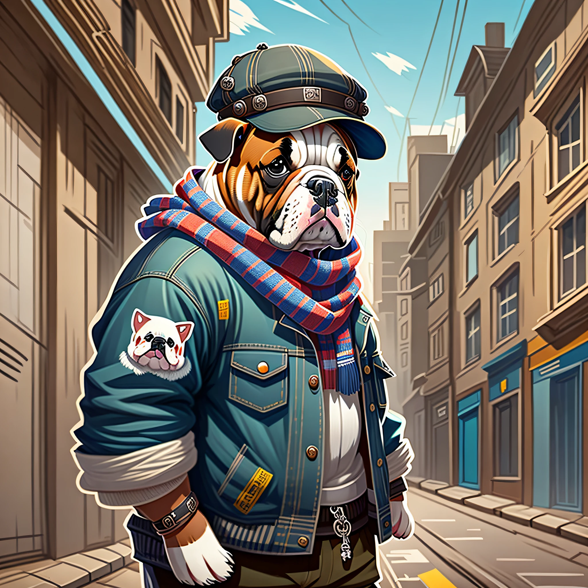 A painting of a cute bulldog dog wearing cap and scarf, trend in art station, dressed in punk clothes, detailed hyper realistic rendering, British gang member, street style, intimidating pose, planet of dogs, fashionable clothes, urban samurai, auau, West Slavic features, background with neutral detail --auto --s2