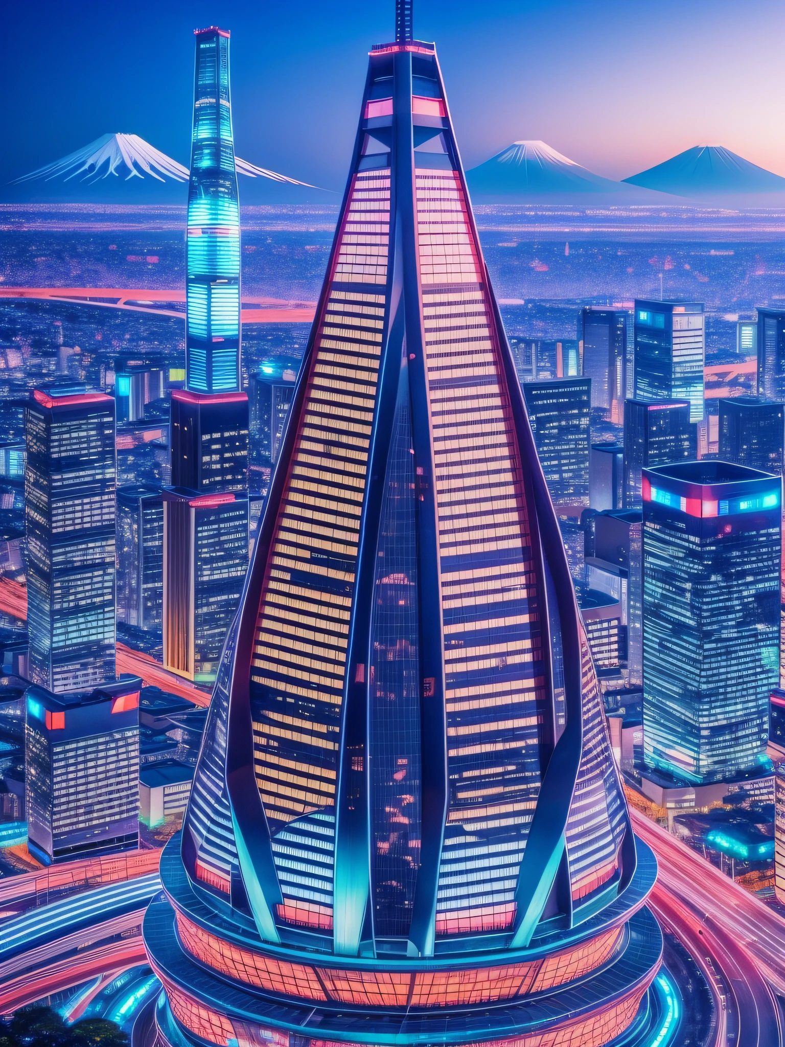 futuristic city, fantasy, 24th century, Japan, mt. Fuji