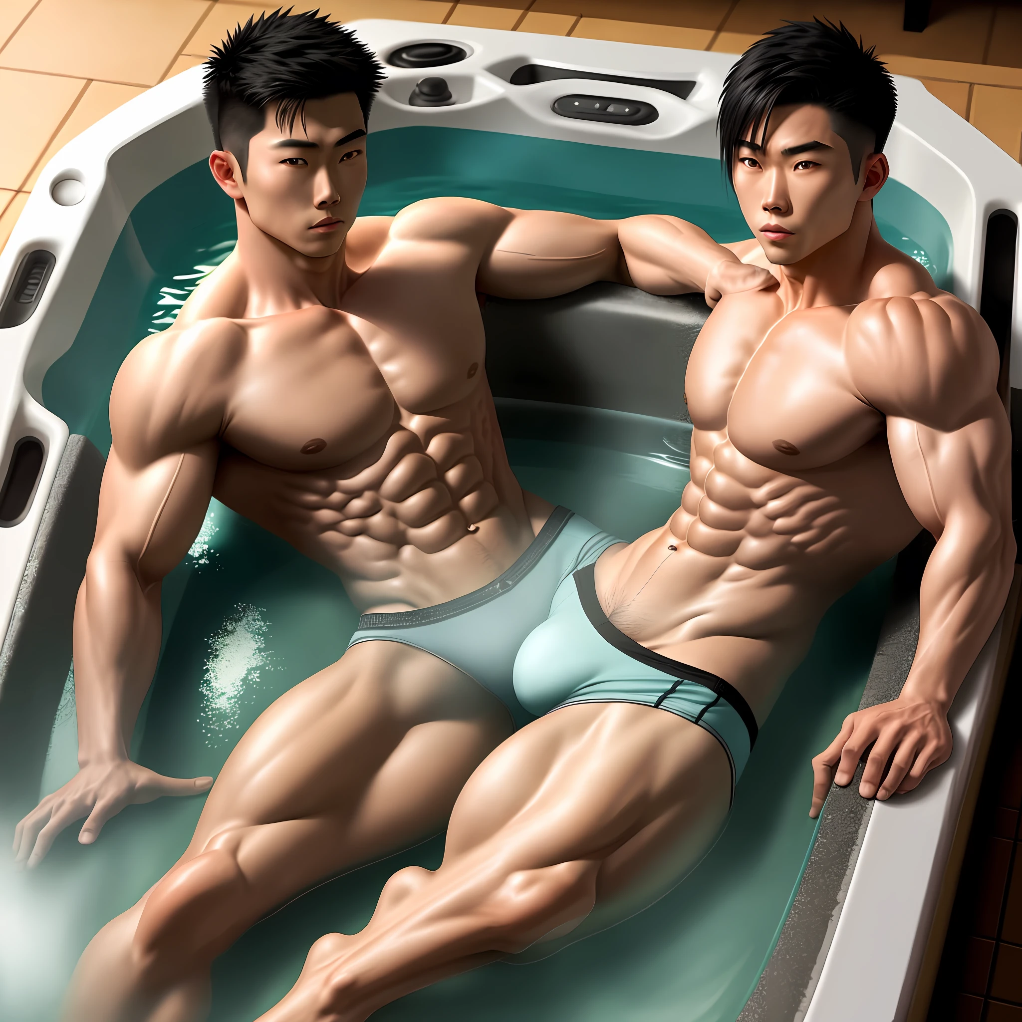 Realistic,Hot,muscular asian guy wearing thongs with legs spread apart showing off huge underwear bulge inside of a hot tub