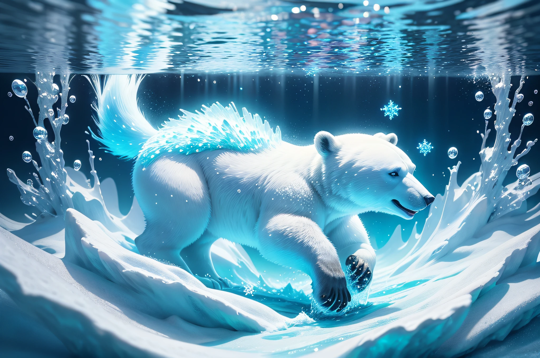 there is a polar bear that is swimming in the water, glitter background, shiny glitter crystals, blue liquid and snow, shiny background, glittering ice, underwater bubbles background, textured turquoise background, water background, sparkling crystals, glitter crystals, frosted texture, luminous sparkling crystals, blue particles, underwater glittering river, beautiful fractal ice background, cold texture, abstract background --auto --s2