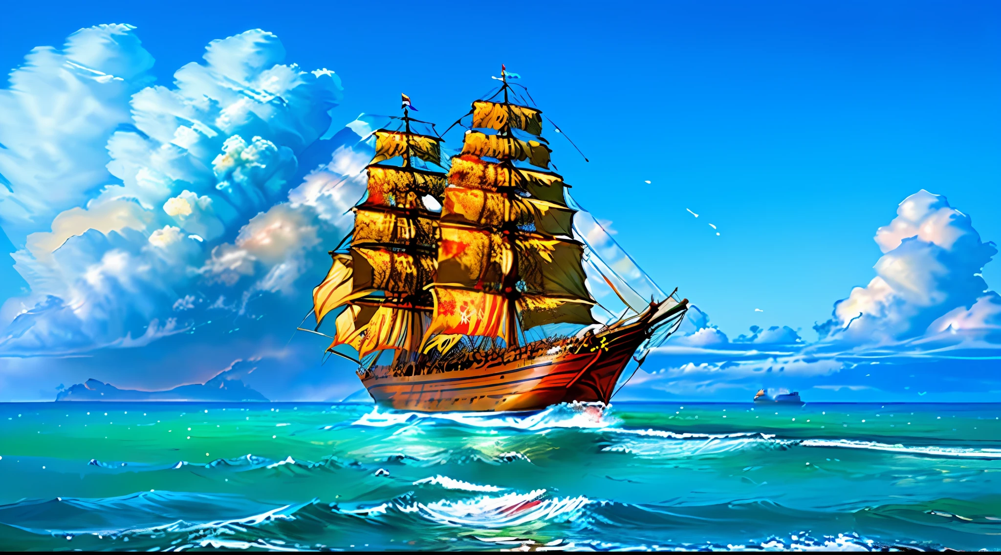 absurdres, ((masterpiece)), ((best quality)), (ultra-detailed), ((extremely detailed)), 4K, (8K), best quality, (beautiful), sparkling scene, Portuguese ship sailing on the high seas, wild ocean, clear sky, noon, epic, strong winds, red malt cross on the ship's sail, soft colors