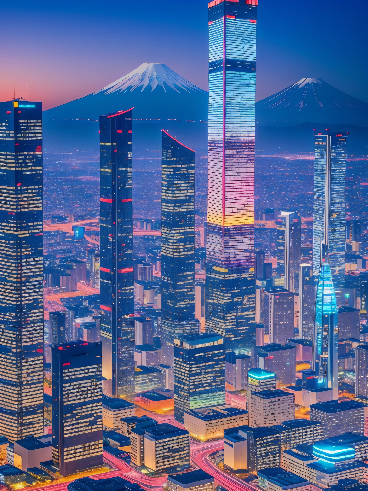 futuristic city, fantasy, 24th century, Japan, mt. Fuji