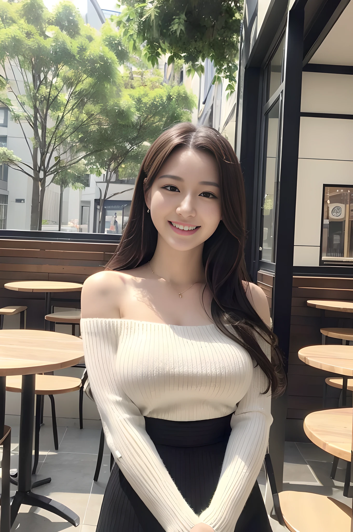(Best quality, 8k, 32k, Masterpiece, UHD:1.2), Photo of Pretty Japanese girl, (big breasts), pretty female announcer,
intricate details, (photorealistic), beautiful outside, sunny, (in indoor cafe), (bare shoulders, white ribbed sweater), 
pencil skirt, high-waist skirt, necklace, black pantyhose, (smile), double eyelid