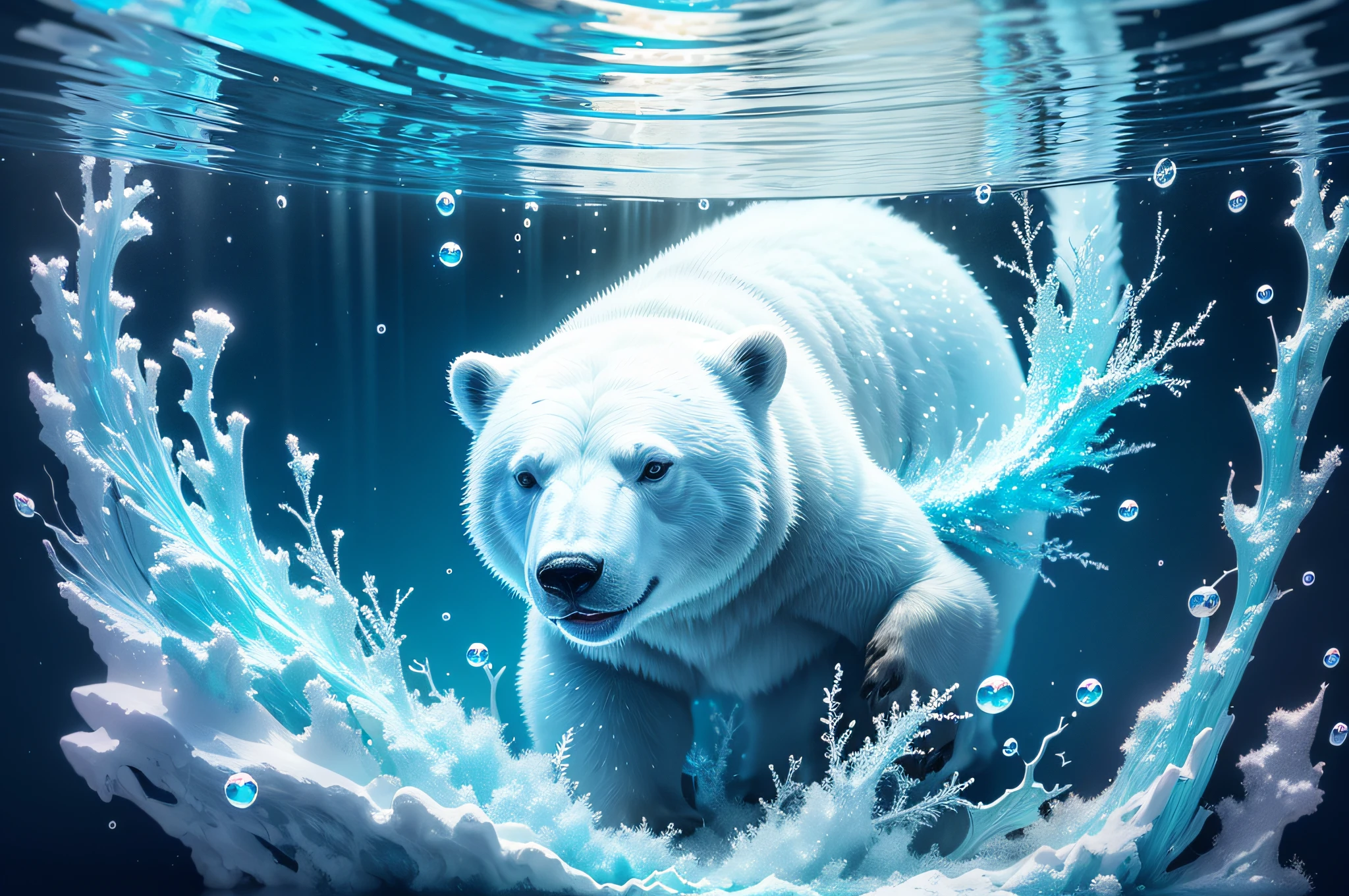 there is a polar bear that is swimming in the water, glitter background, shiny glitter crystals, blue liquid and snow, shiny background, glittering ice, underwater bubbles background, textured turquoise background, water background, sparkling crystals, glitter crystals, frosted texture, luminous sparkling crystals, blue particles, underwater glittering river, beautiful fractal ice background, cold texture, abstract background --auto --s2