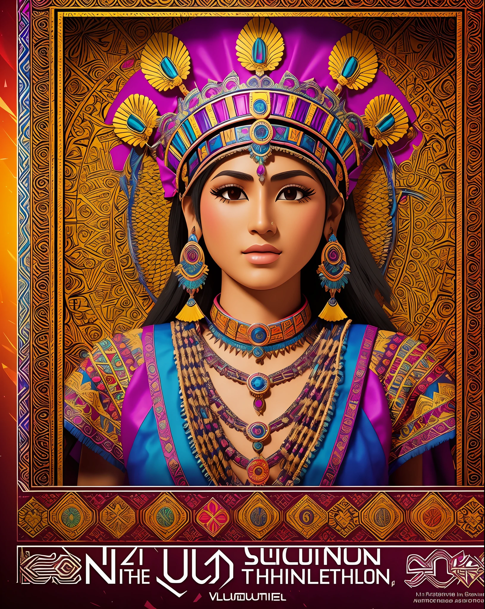 Niji V5 PROMPT:aztec queen in the temple, vibrant colours, photorealistic quality with volumetric lighting, intricate textures --auto --s2