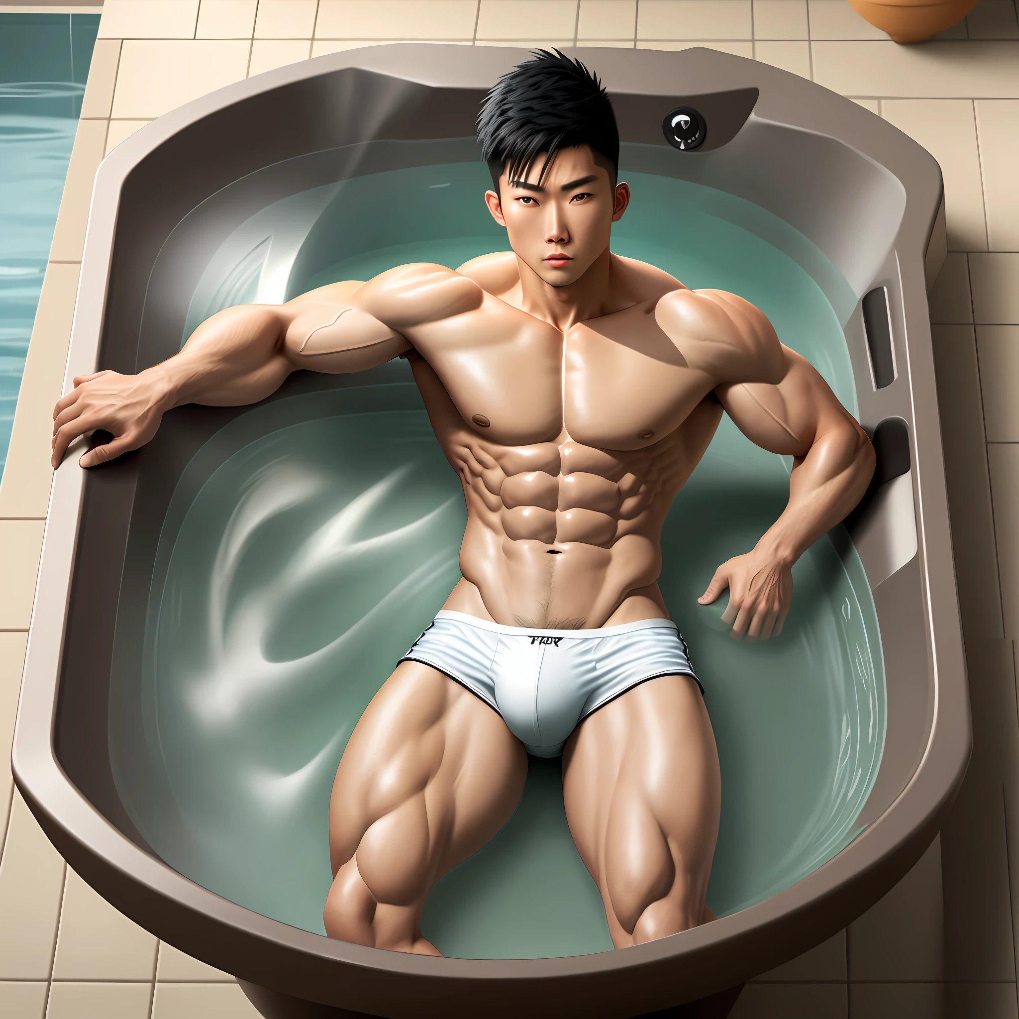Realistic,Hot,muscular asian guy wearing thongs with legs spread apart showing off huge underwear bulge inside of a hot tub