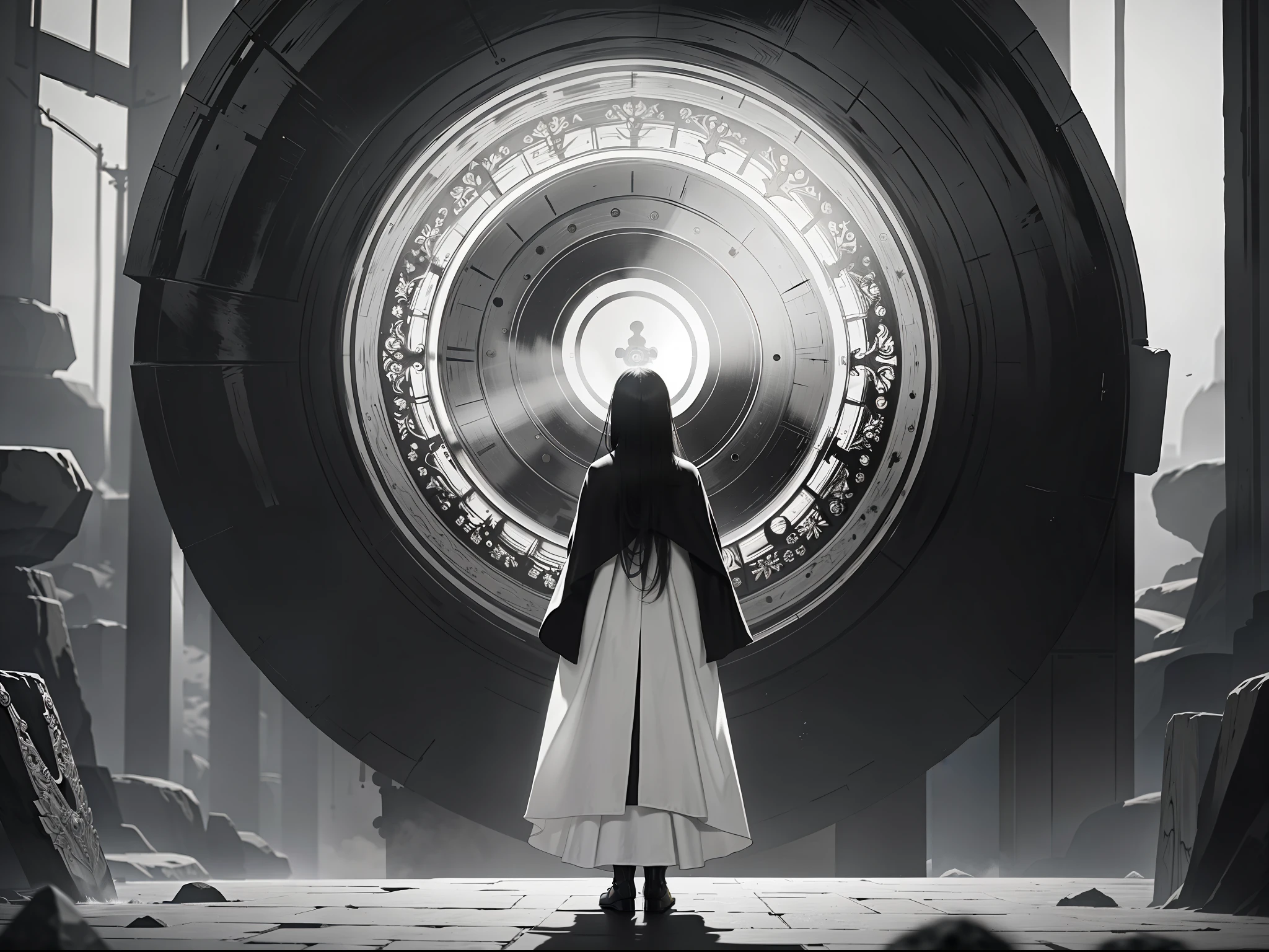 black and white, masterpiece, best quality, zen, minimalism, back of a woman in cloak, rim_light, floating, a big circular object in head, totem, stones, arcane, an ultrafine detailed painting, psychedelic art,