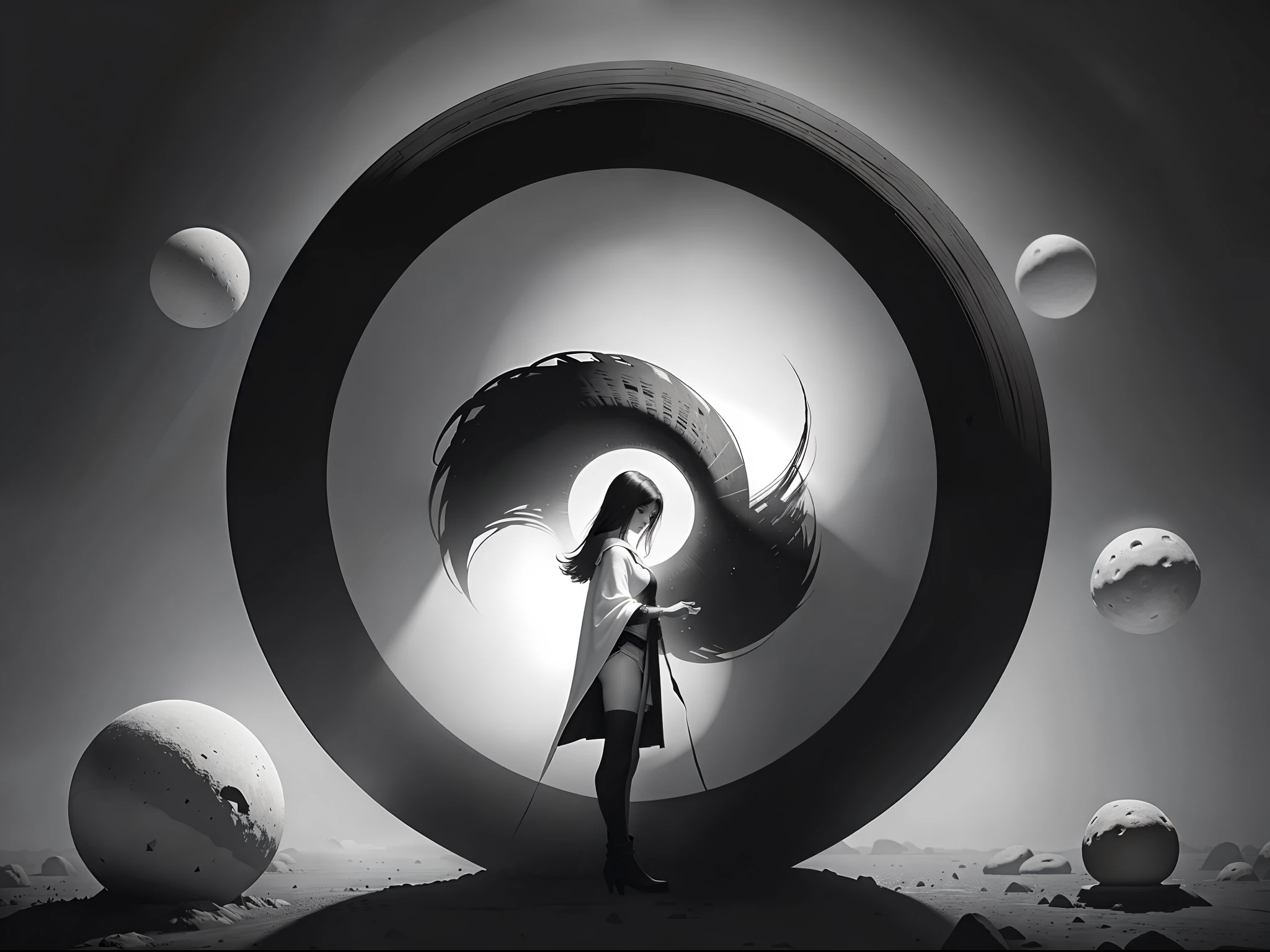 black and white, masterpiece, best quality, zen, minimalism, back of a woman in cloak, rim_light, floating, a big circular object in head, totem, stones, arcane, an ultrafine detailed painting, psychedelic art,