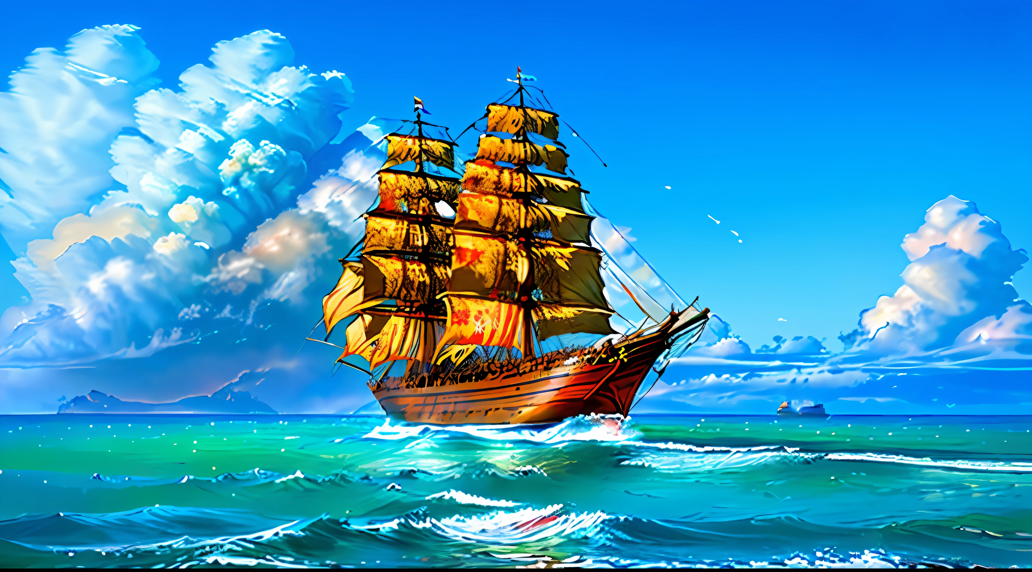 absurdres, ((masterpiece)), ((best quality)), (ultra-detailed), ((extremely detailed)), 4K, (8K), best quality, (beautiful), sparkling scene, Portuguese ship sailing on the high seas, wild ocean, clear sky, noon, epic, strong winds, red malt cross on the ship's sail, soft colors