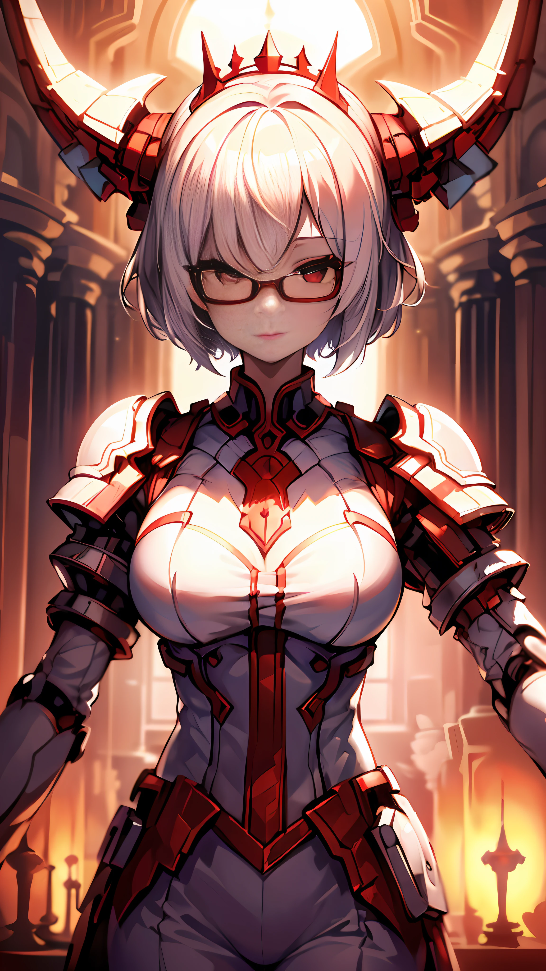 masterpiece , a girl, in castle, ( lite white short hair:1.2), (red eyes:1.2) , (8k, best quality 1.2), ultra-detailed, 8k uhd, soft lighting, high quality, film grain, beautiful lighting, cinematic ,perfect body , best illumination, best shadow, sharpness, contrast, red glasses, absurdres high detailed face, demon king