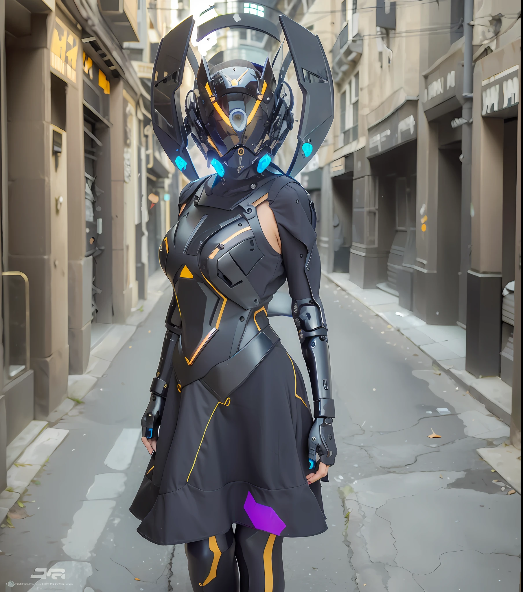 Original, masterpiece, high quality, cyborg woman full body,in a black circle illuminates the cybernetic helmet with black ears, short black dress, sunny day, on the street roma