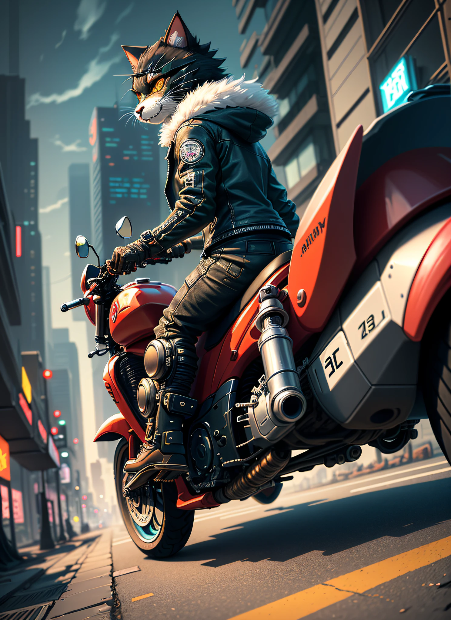 (furray) (furry,anthropomorphic furry cat, best quality: 1.2), robotic parts, ((riding a motorcycle, akira style)), seen from above. (cyberpunk street background), (masulin waist) ((Best quality))