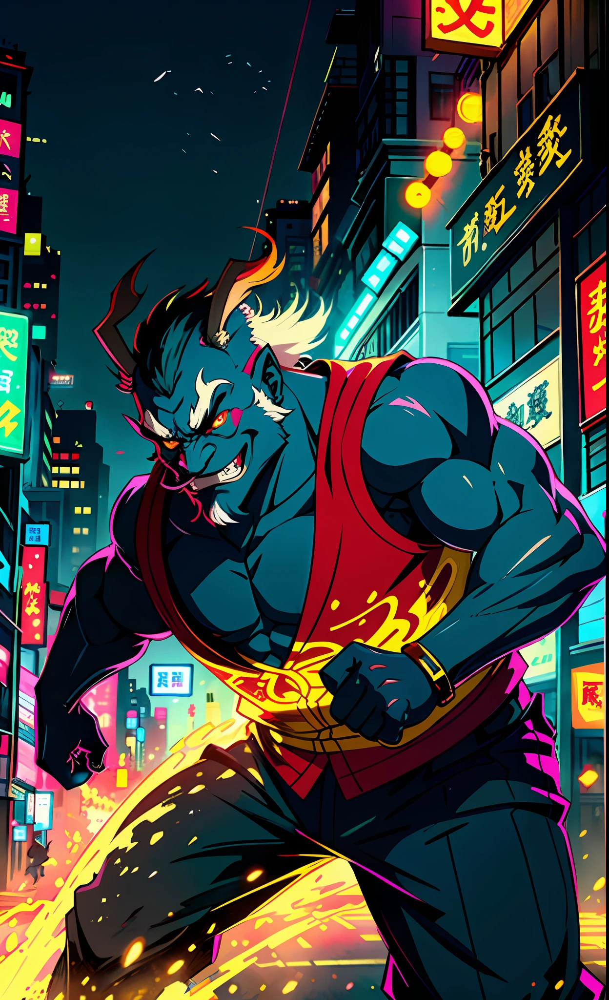 On a modern city street, Zhu Bajie, armed with his nine-toothed nail rake, bravely fights fiercely against youkai who rush out of a dark alley. Dressed in fashionable attire and with a resolute expression on his face, he is ready to keep the city safe.
[3] = The urban environment is busy and bustling, with high-rise buildings and neon lights creating a modern urban atmosphere that contrasts with the appearance of yokai.
[4] = Zhu Bajie's face is firm and decisive, and his eyes reveal vigilance and determination against youkai. His presence makes people feel safe and protected.
[5] = Illustration using bright colors and delicate lines to represent the busyness of the city and the bravery of ZBJ.
[6] = Use digital painting tools and appropriate illustration techniques to achieve the effect of illustration. Use bright colors to highlight the busyness of the city and the bravery of ZBJ. Enhance the detail and movement of the picture with delicate lines.