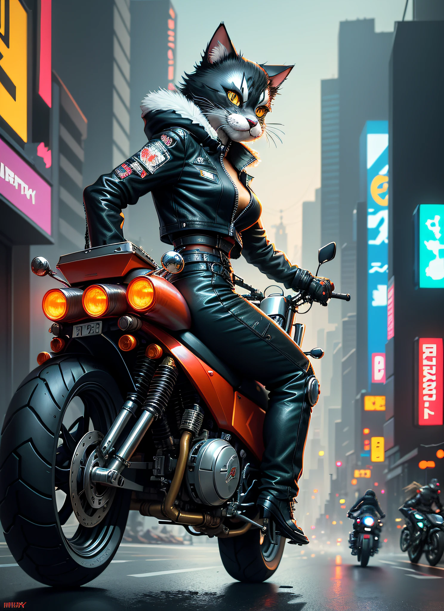 (furray) (furry,anthropomorphic furry cat, best quality: 1.2), robotic parts, ((riding a motorcycle, akira style)), seen from above. (cyberpunk street background), (masulin waist) ((Best quality))