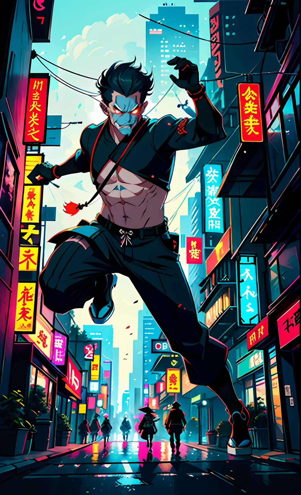 On a modern city street, Zhu Bajie, armed with his nine-toothed nail rake, bravely fights fiercely against youkai who rush out of a dark alley. Dressed in fashionable attire and with a resolute expression on his face, he is ready to keep the city safe.
[3] = The urban environment is busy and bustling, with high-rise buildings and neon lights creating a modern urban atmosphere that contrasts with the appearance of yokai.
[4] = Zhu Bajie's face is firm and decisive, and his eyes reveal vigilance and determination against youkai. His presence makes people feel safe and protected.
[5] = Illustration using bright colors and delicate lines to represent the busyness of the city and the bravery of ZBJ.
[6] = Use digital painting tools and appropriate illustration techniques to achieve the effect of illustration. Use bright colors to highlight the busyness of the city and the bravery of ZBJ. Enhance the detail and movement of the picture with delicate lines.
