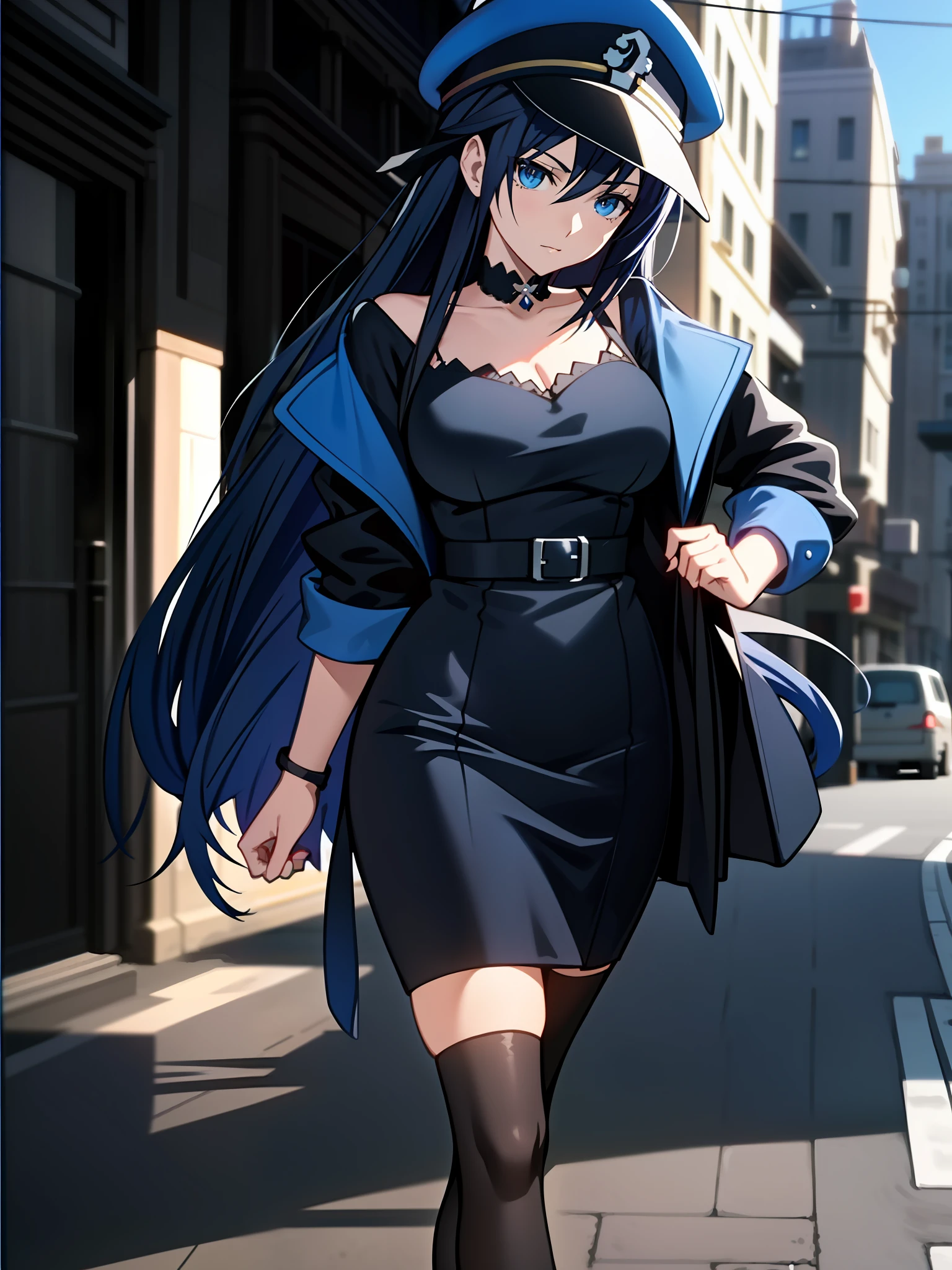 anime - style woman in a blue hat and black dress walking down a street, marin kitagawa fanart, realistic anime 3 d style, anime style like fate/stay night, anime moe artstyle, in city street, realistic anime artstyle, noire moody scene, dark blue clothes, photorealistic anime girl render, at a city street, anime style. 8k